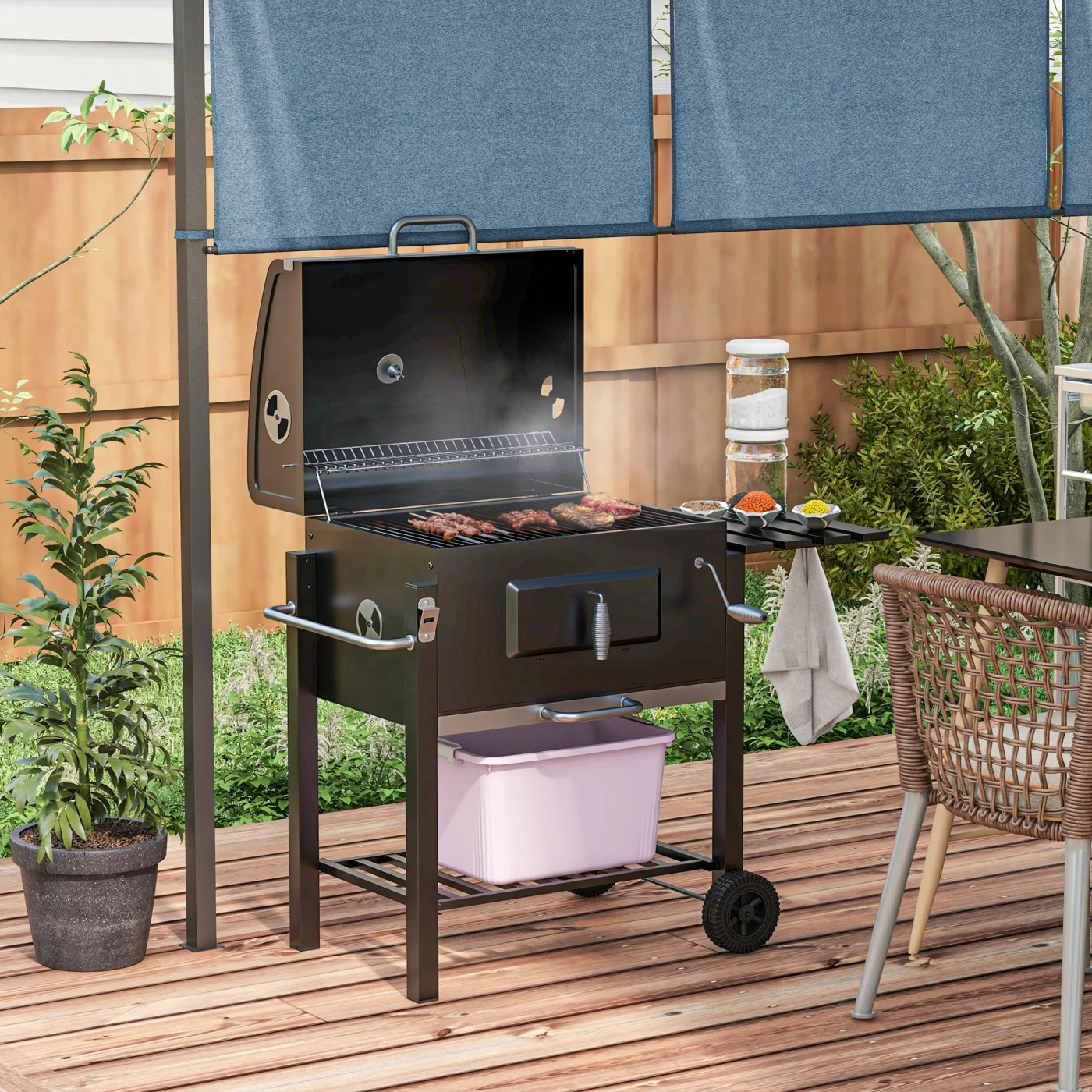 44.5" Charcoal BBQ Grill, Outdoor Portable Cooker for Camping or Backyard Picnic with Side Table, Bottom Storage Shelf, Wheels and Handle, Black - Image 8