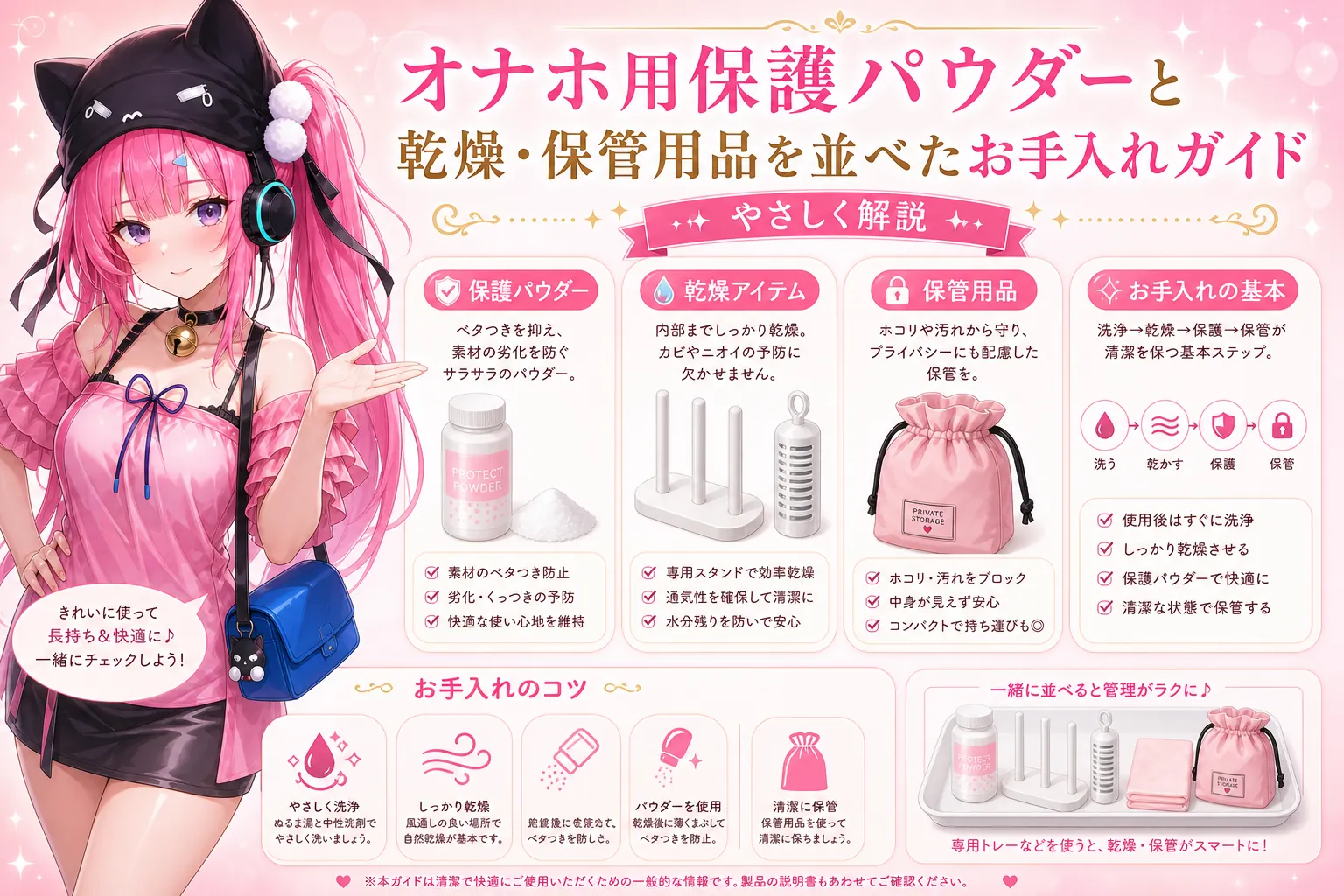 オナホ用保護パウダーと乾燥・保管用品を並べたお手入れガイド