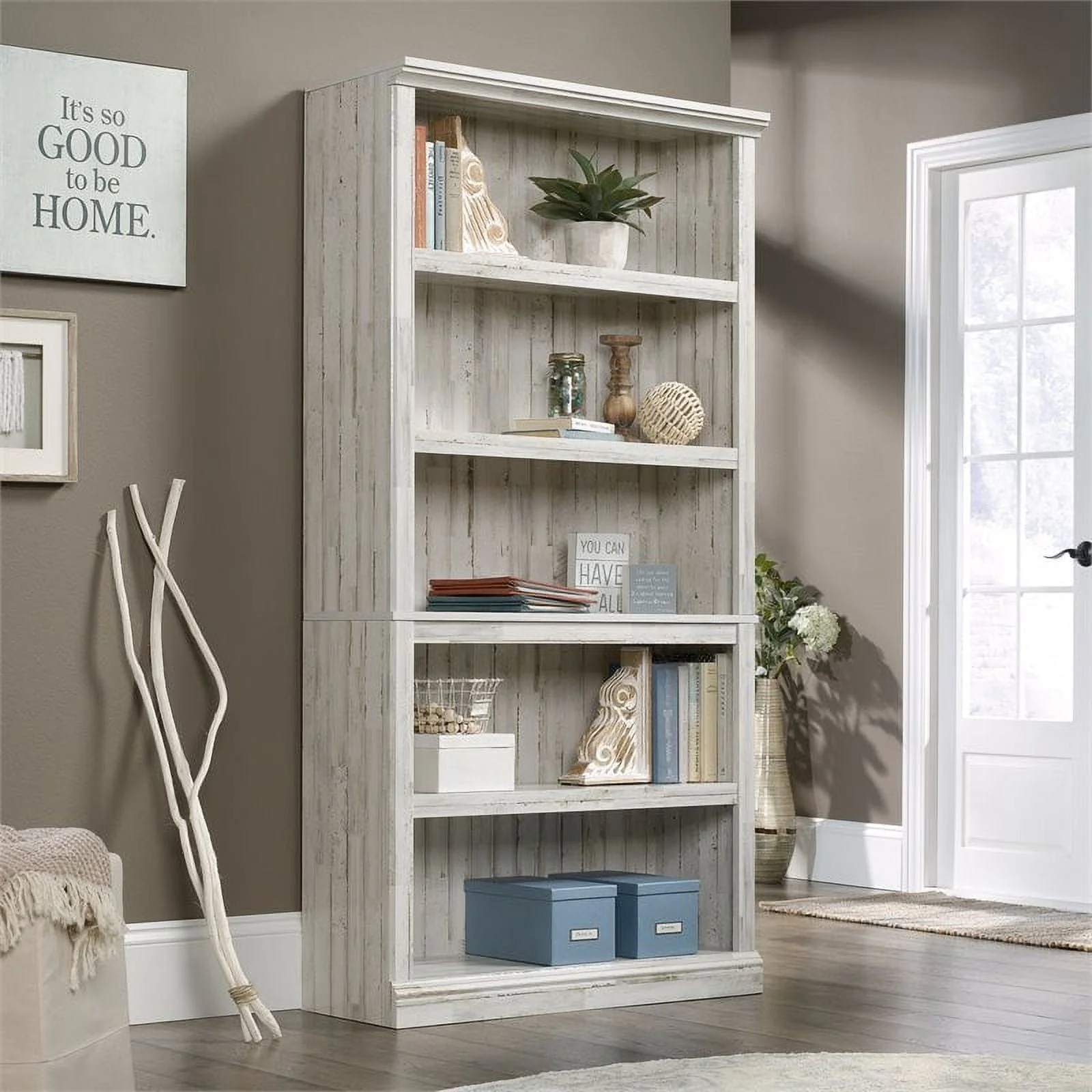 Contemporary 5-Shelf Tall Wood Bookcase in White Plank - Image 2