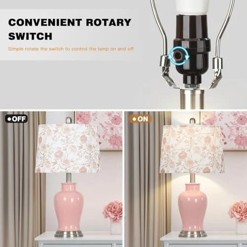Modern Ceramic Table Lamps Set of 2, 23" White Ceramic Lamps for Living Room, Rustic Farmhouse Bedside Lamp with Ginger Jar Design, Elegant Bedroom Lamp for Nightstand Desk Side End Table Home Decor(Pink-Flower Lampshade) - Image 7