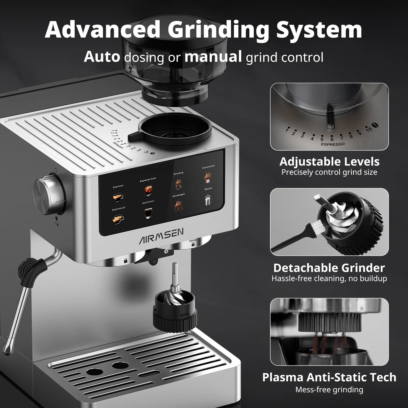 Espresso Machine with Grinder, Espresso Coffee Machine with Customized Grind Amount Coffee Volume, Cold Brew Coffee Maker for Cappuccino Latte Americano, Brushed Stainless Steel - Image 4