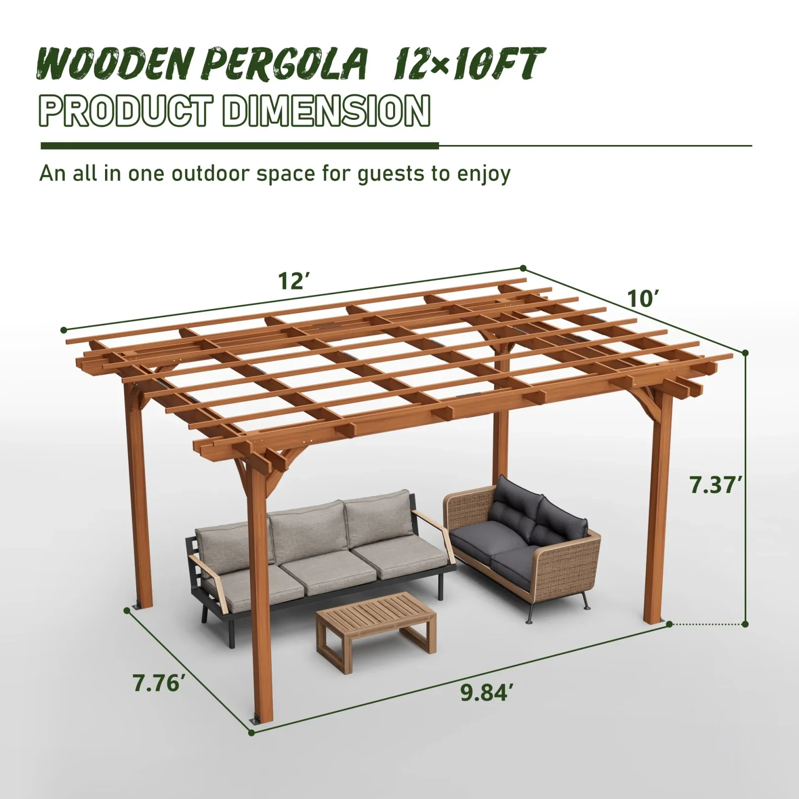 12 x 10 FT Outdoor Pergola, Wooden Pergola Gazebo with Climbing Plant Support and Waterproof, for Patio Porch Garden Backyard, Brown