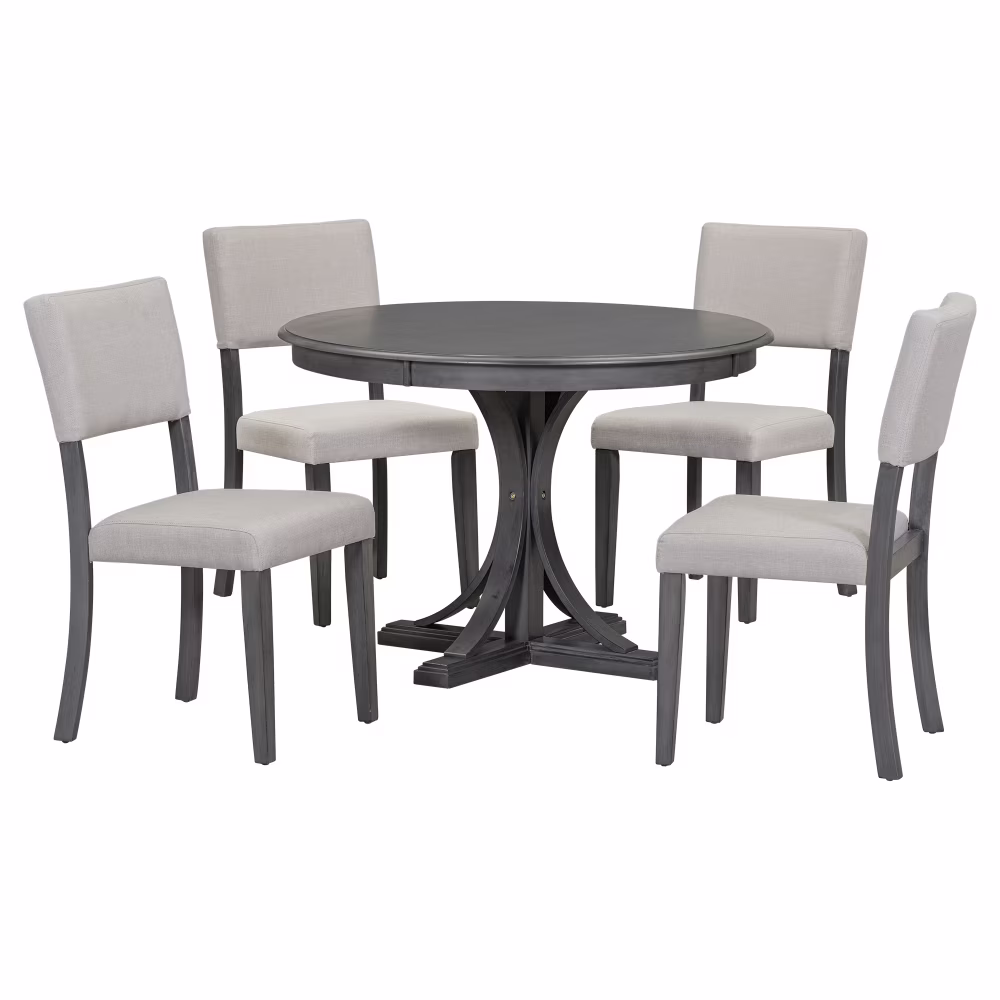 5 Piece Retro Round Dining Table Set with 4 Upholstered Chairs, Wood Dining Table with Curved Trestle Style Legs(Gray)