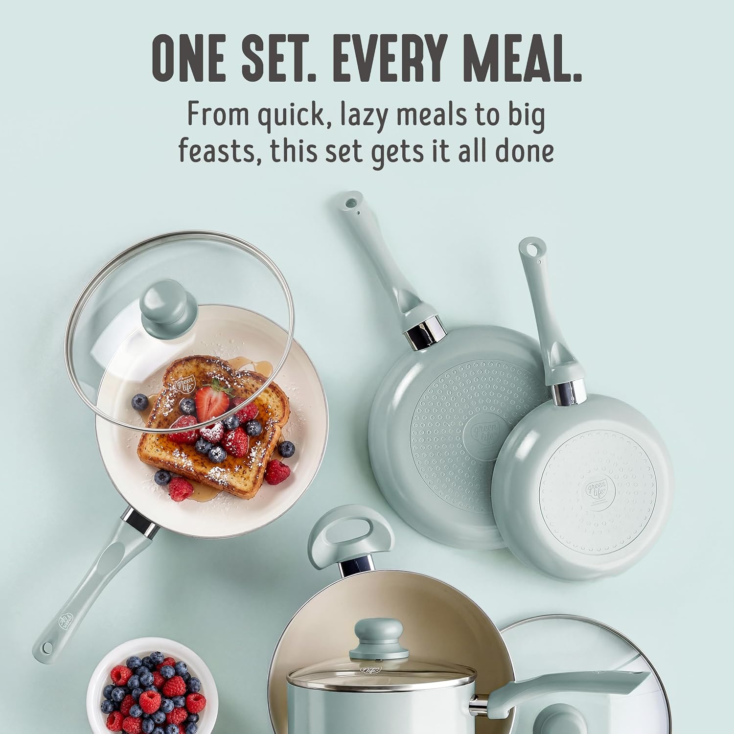 GreenLife 16pc Ceramic Nonstick Pots & Pans Cookware Set, Mint Green