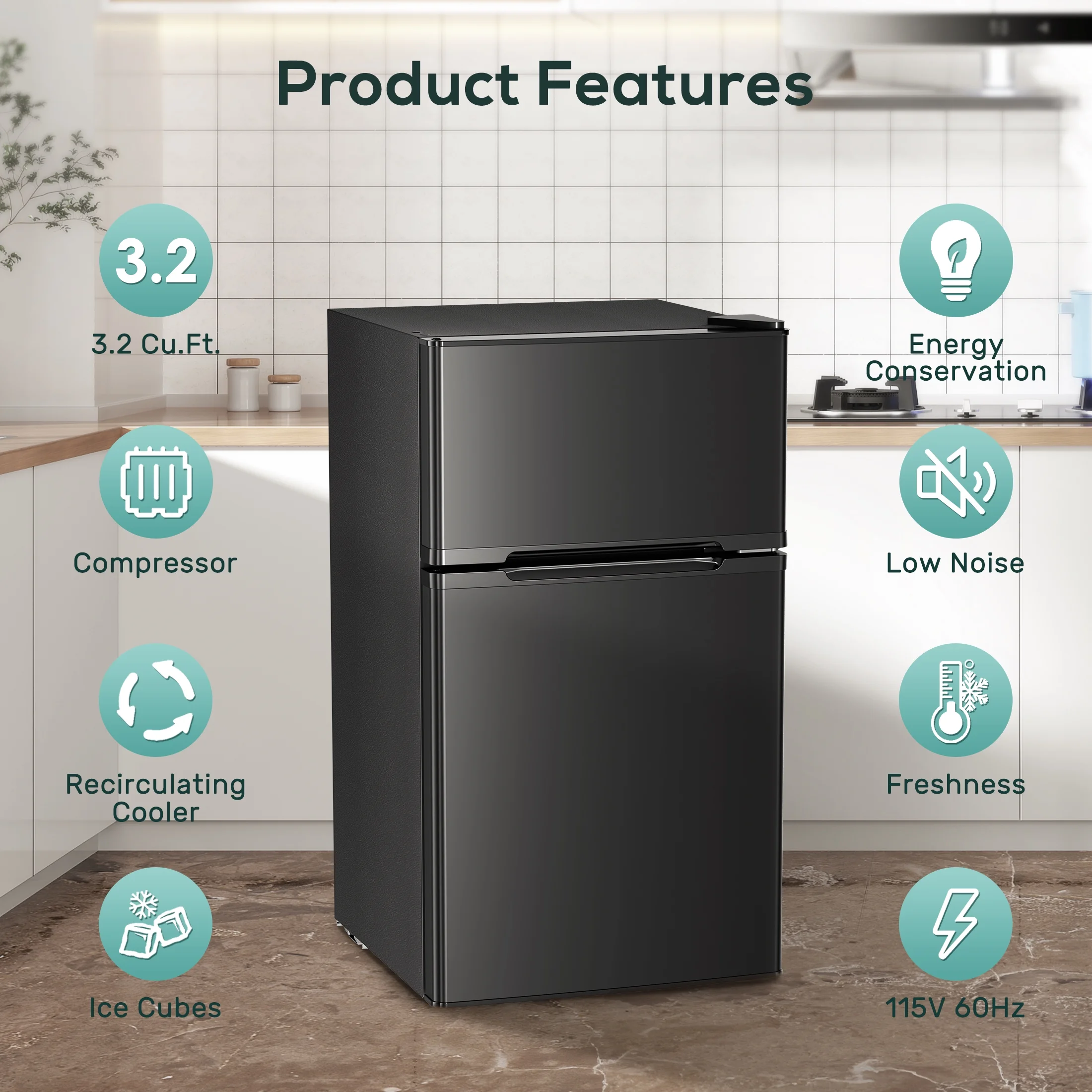 3.2 Cu.Ft Two-Door Compact Refrigerator, Stainless Steel Door, Black(Black) - Image 5