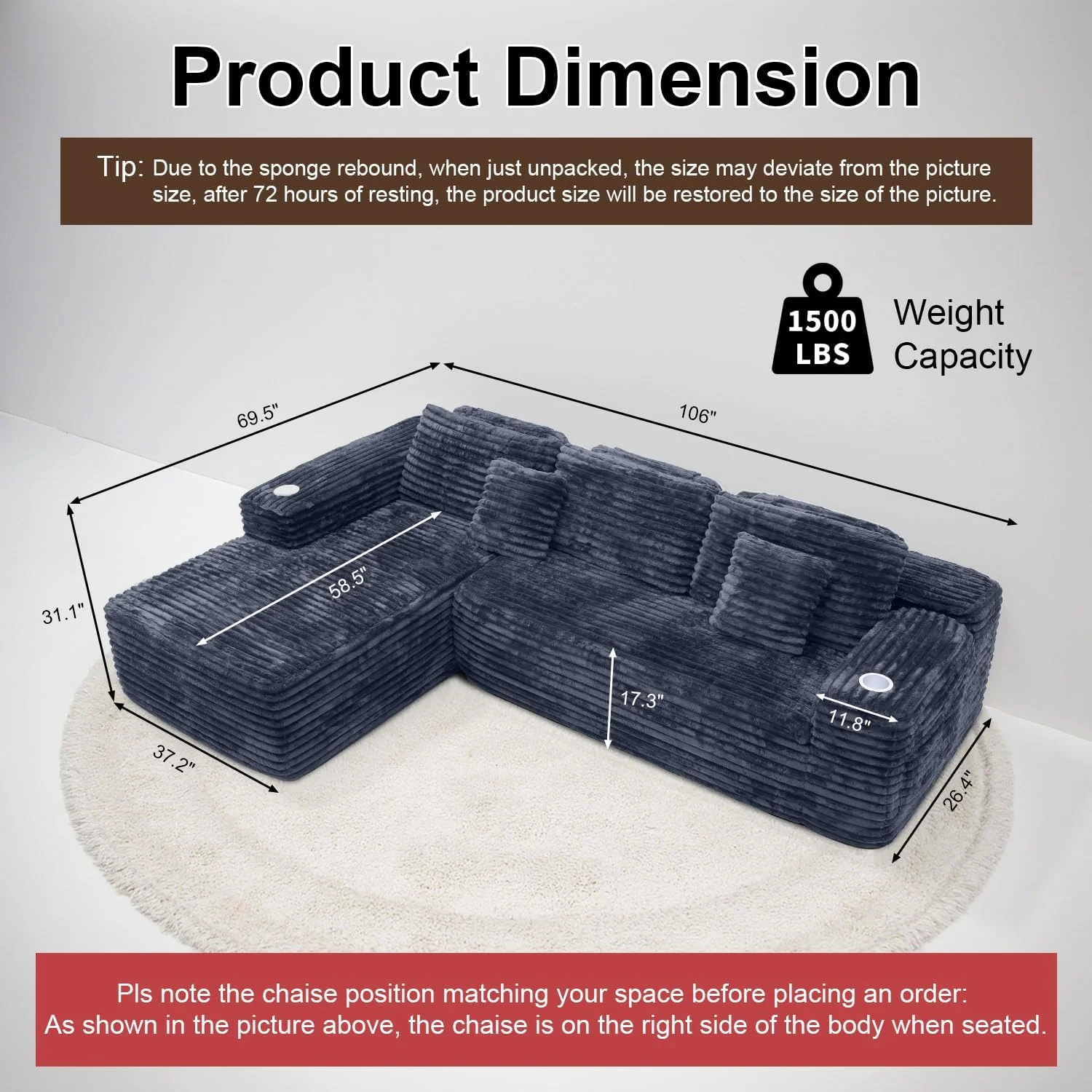 Canapé d'angle Cloud avec méridienne en L, canapé modulaire moderne, assise profonde, porte-gobelet intégré