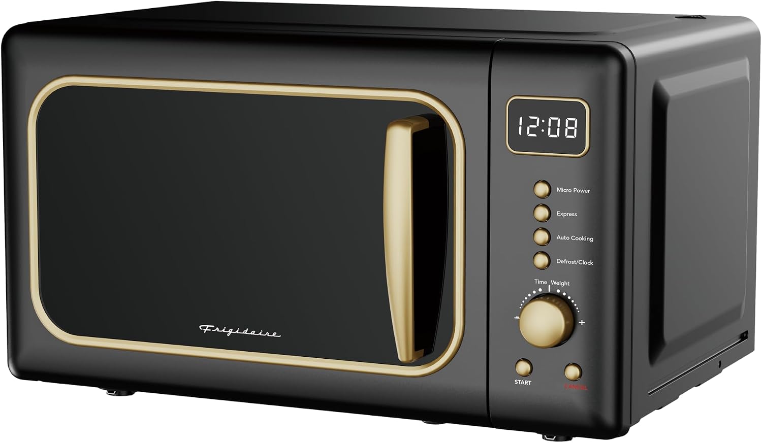 Frigidaire, 0.7 CuFt. Retro Countertop Microwave Oven, 700W Compact Microwave with 8 Auto Cook Menus, Auto Defrost, 5 Power Levels, LED Display, Glass Turntable, Black Gold