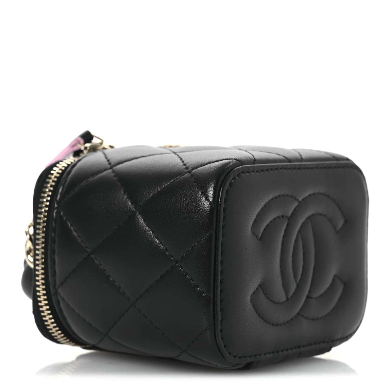 Lambskin Quilted Top Handle Mini Vanity Case With Chain Black Pink