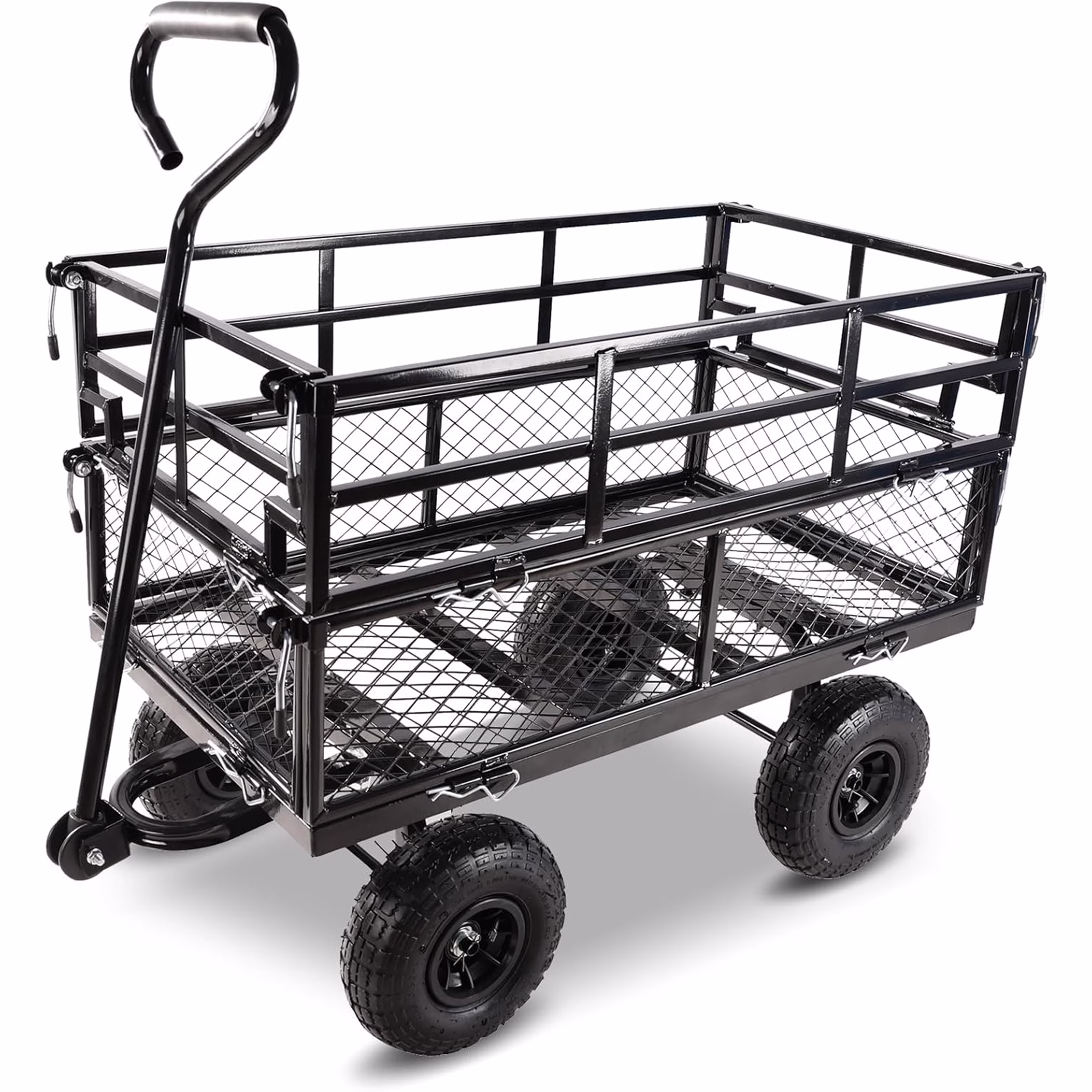 Furnibear Heavy Duty Steel Garden Cart 1500lbs Capacity, 6.35 cu ft, 40.55 x 27.56 Folding Utility Wagon with Double-Layer Removable Side, Black
