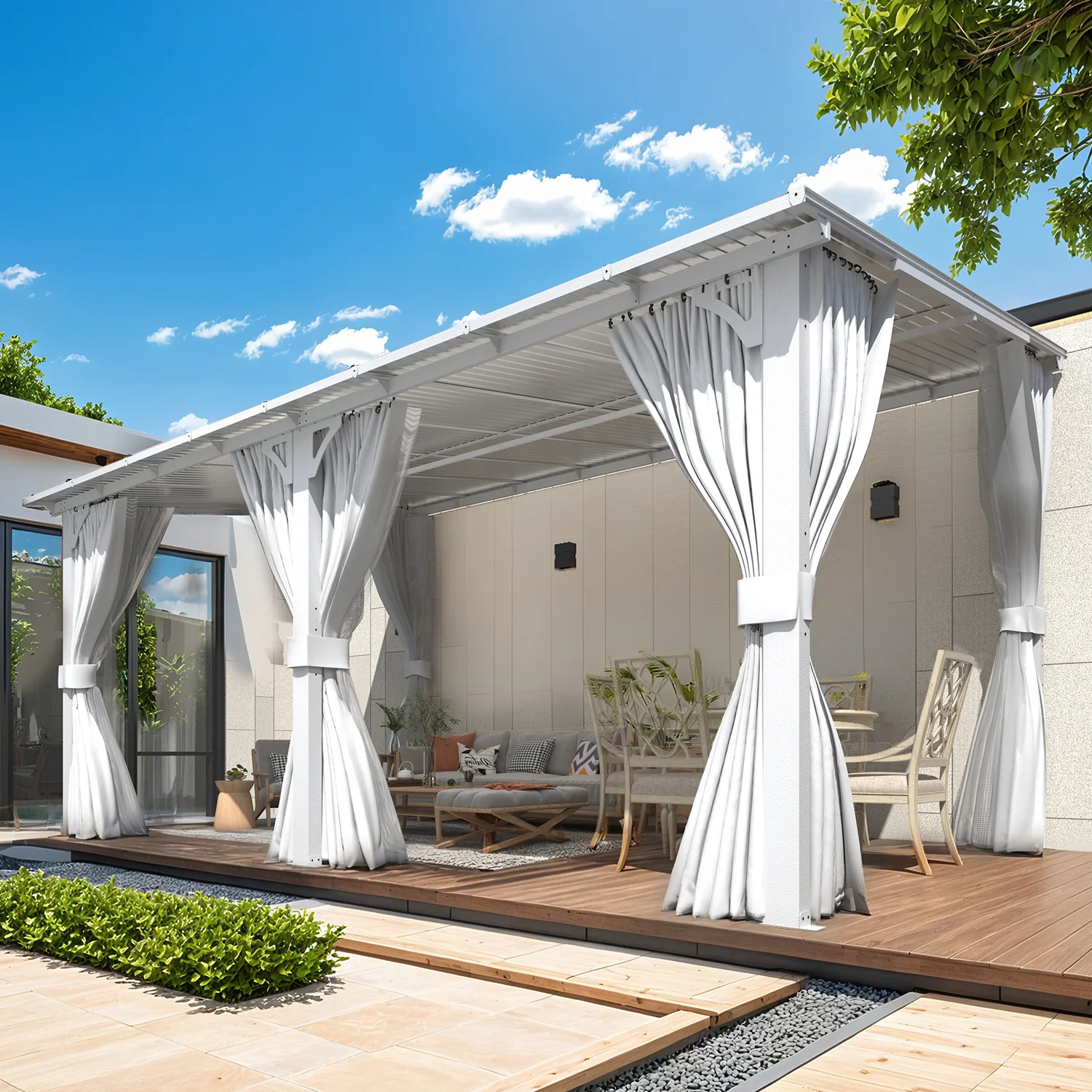 AECOJOY 16'x10' Wall Gazebo with Curtains and Mosquito Netting, White
