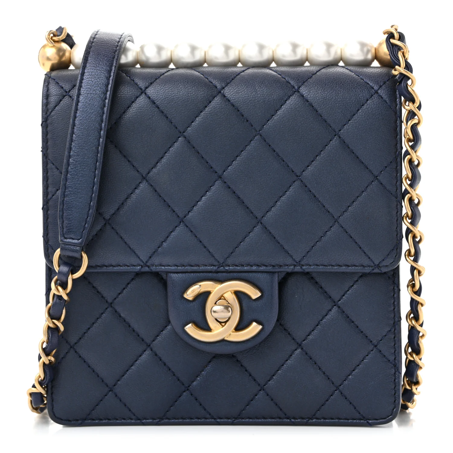 Iridescent Lambskin Quilted Chic Pearls Flap Navy Blue
