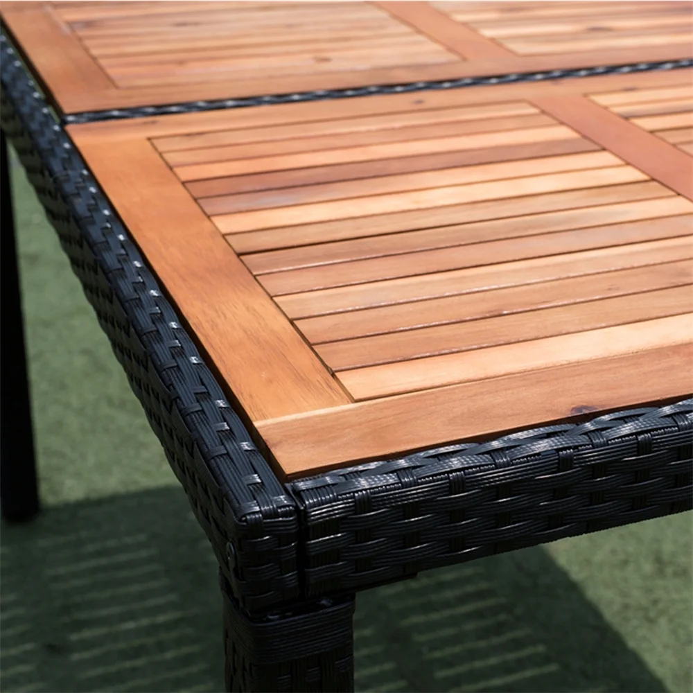 7 Pieces Outdoor Patio Dining Set, Patio Wicker Furniture Dining Set with 6 Chairs and Acacia Wood Top for Yard, Garden, Porch and Poolside, Black - Image 6