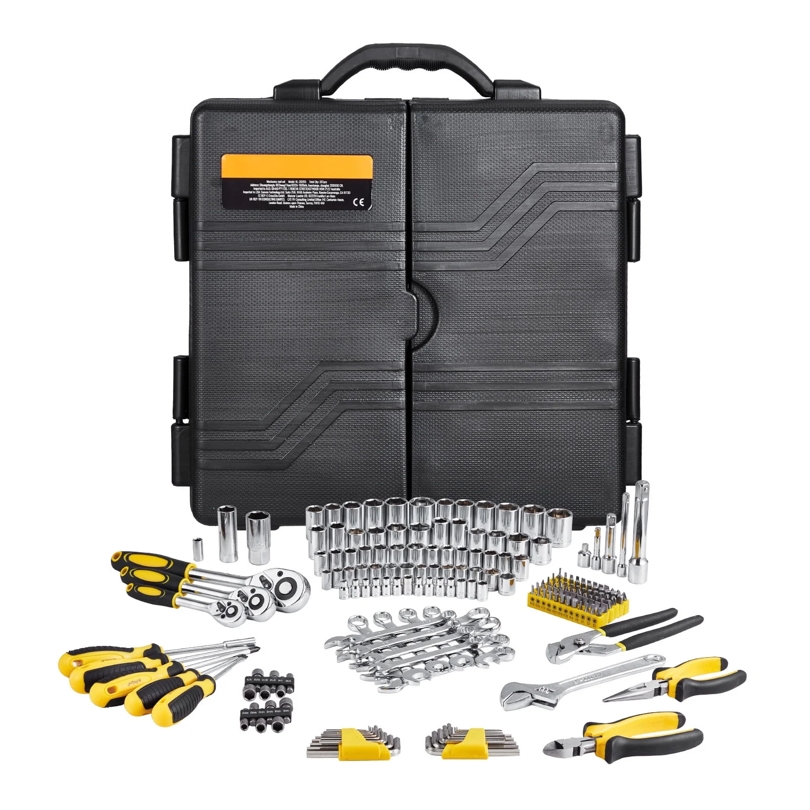KFFKFF 207-Component Mechanics Tool Set and Socket Set, 1/4 3/8 1/2 Drive Sockets, SAE and Metric Mechanic Tool Set with Bits, Spanners, Ratchet Handle, Add-ons, and Hard Plastic Carrying Case