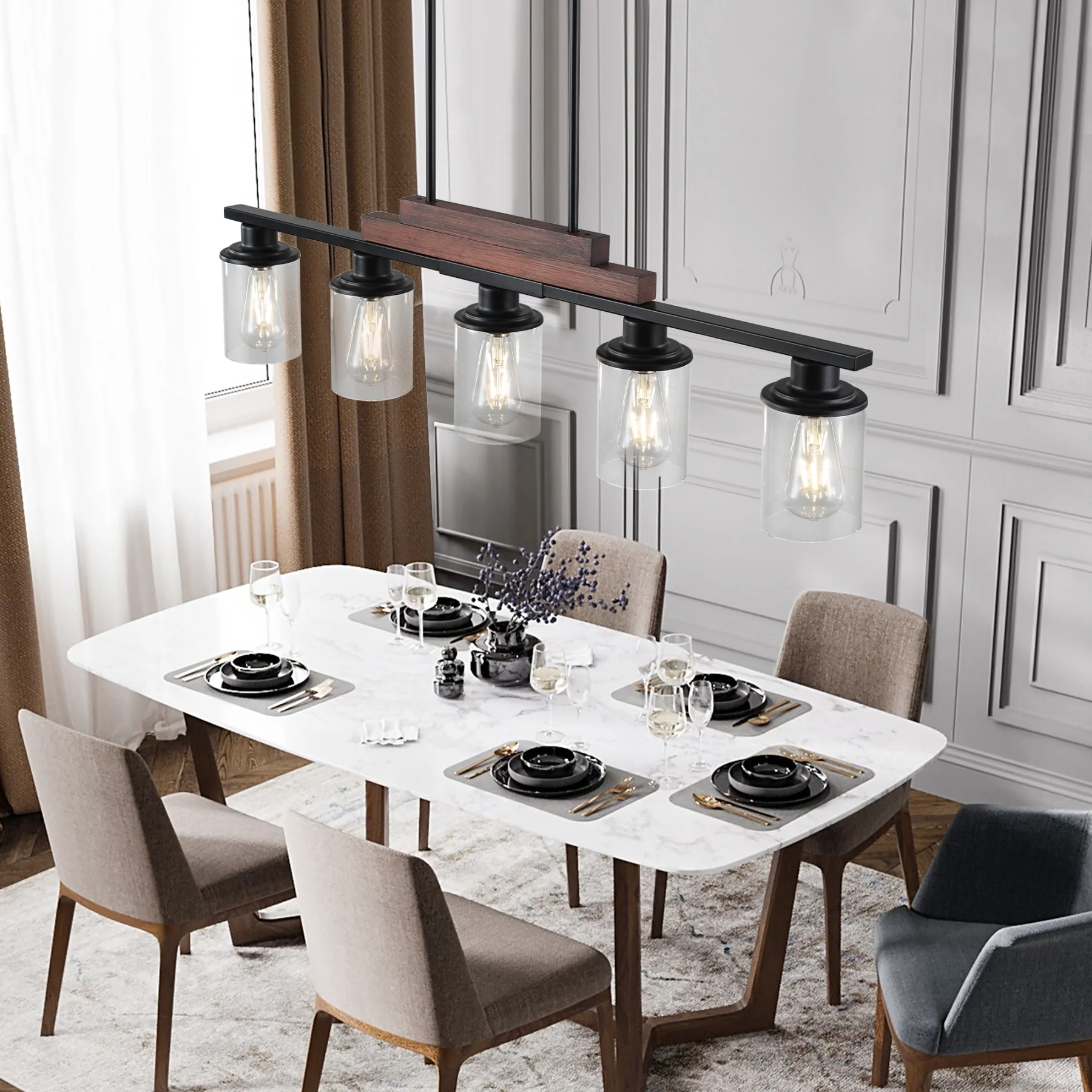 5-Light Kitchen Island Pendant Light, Farmhouse Industrial Chandeliers with Two Metal Rod Supports, Rectangular Island Lights for Kitchen, Living Room, Walnut/Black