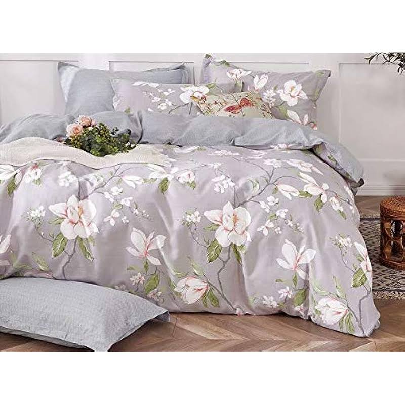 Swanson Beddings Magnolia Reversible Floral Print 3-Piece 100% Cotton Bedding Set: Duvet Cover and Two Pillow Shams (Queen, Lilac Grey)