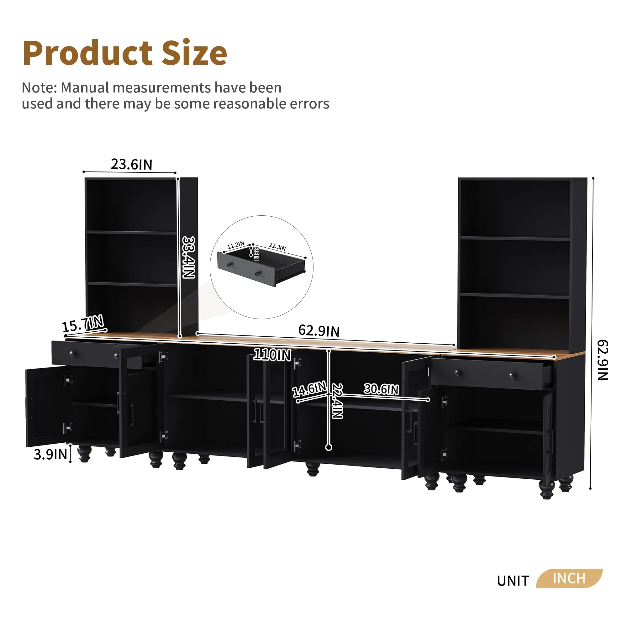 110" Entertainment Center Wall Unit Set with Glass Display Cabinets, Adjustable Shelves Vintage TV Stand for TVs up to 85", Farmhouse Style Media Console with Storage, Gourd Legs(Black+TV Stand+Bookshelves) - Image 4