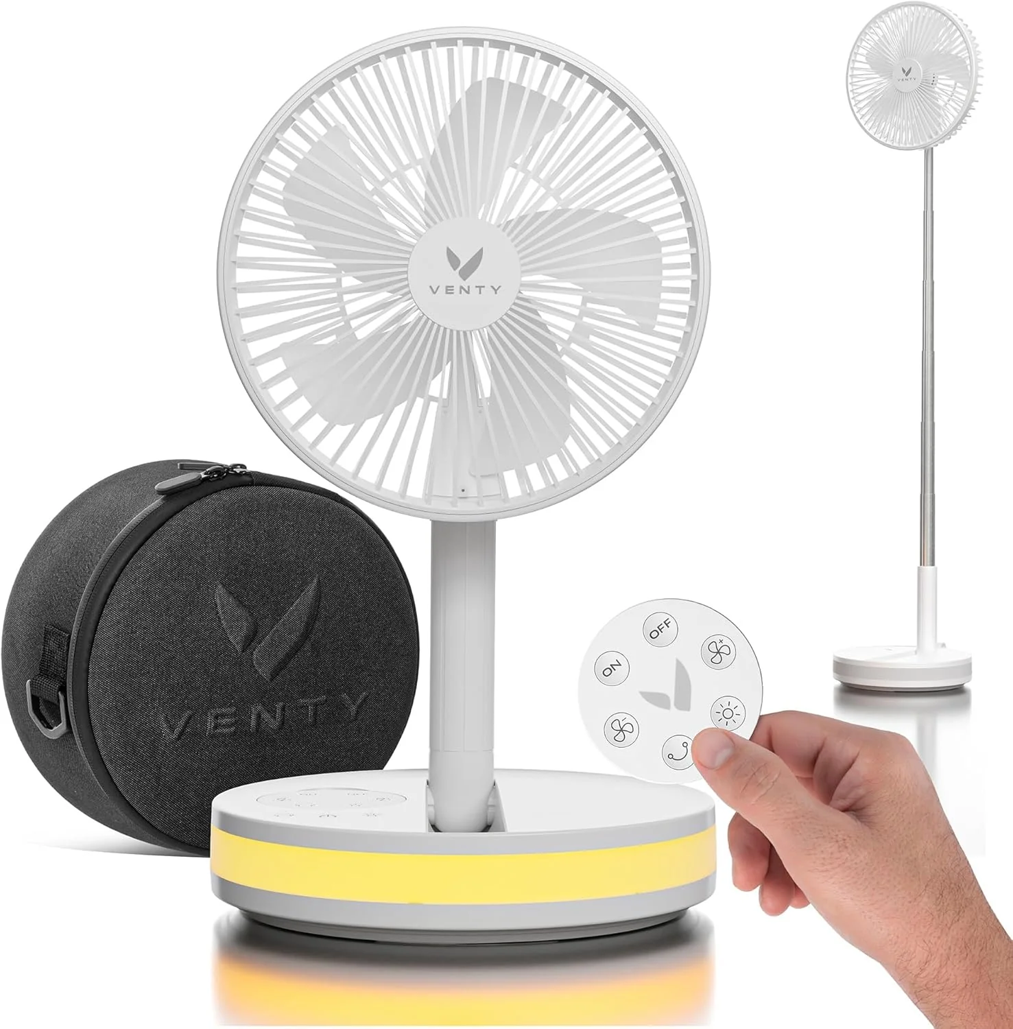Ventilateur portable VENTY - Ventilateur sans fil à piles - 4 vitesses - Éclairage LED - Étui de transport et télécommande - Voyages en croisière - Camping-car - Batterie externe avec port USB-C (Noir avec étui)