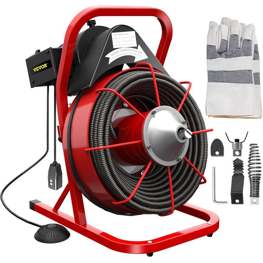 VEVOR Electric Drain Auger 75 ft. x 1/2 in. Drain Cleaner Machine 370W with Cutters Glove Sewer Snake Fit 1 in. to 4 in. Pipe