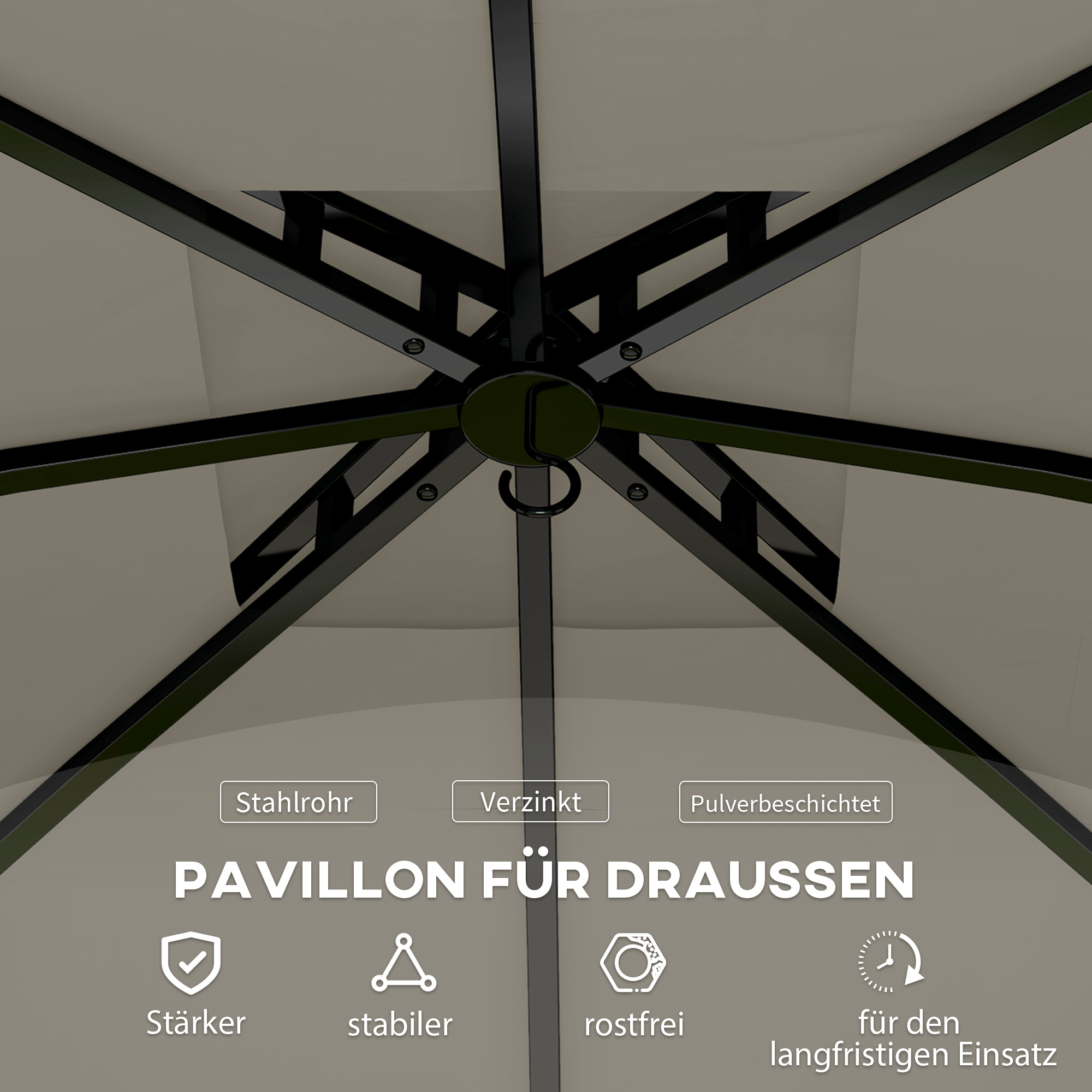 Outsunny 3,4 x 3,4 m Tuinpaviljoen, Feesttent met Ventilatiedak, Boogvensters, Stalen Frame, Lichtgrijs