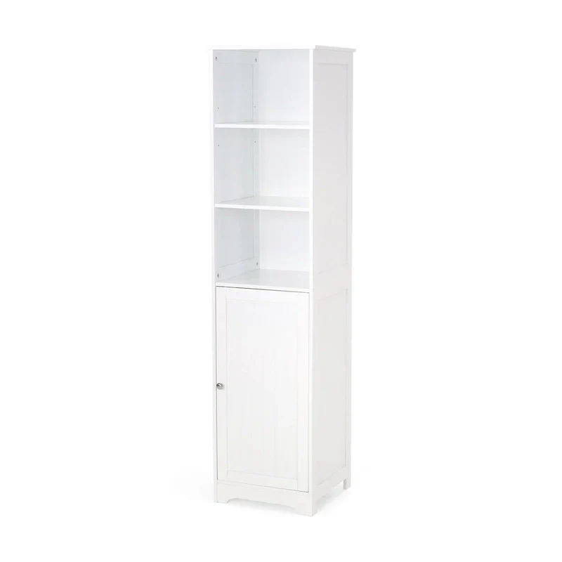 63-Inch White Freestanding Bathroom Linen Cabinet with Adjustable Shelves and Single Door