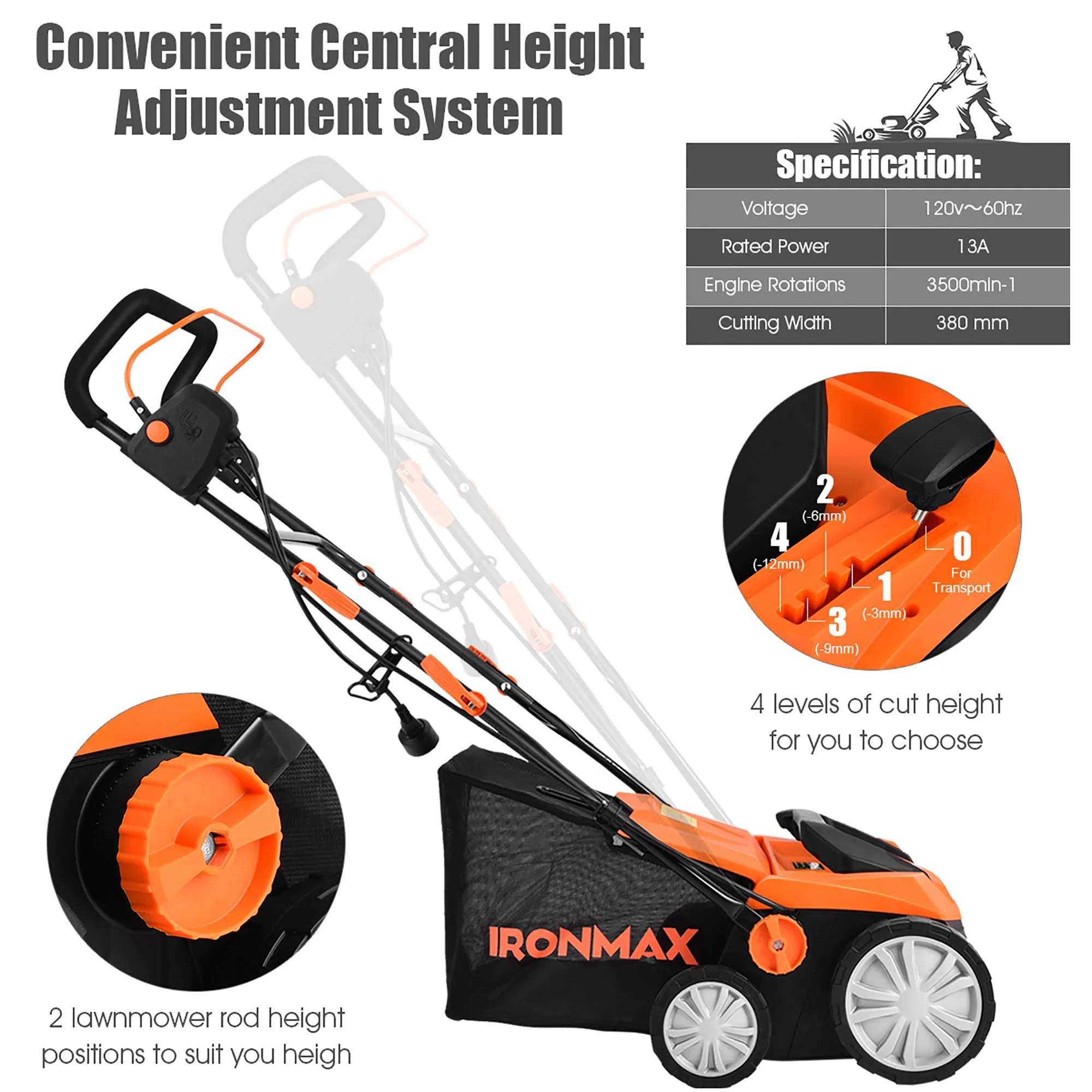 13Amp Corded Scarifier 15" Electric Lawn Dethatcher w/50L Collection Bag Orange(Orange) - Image 6