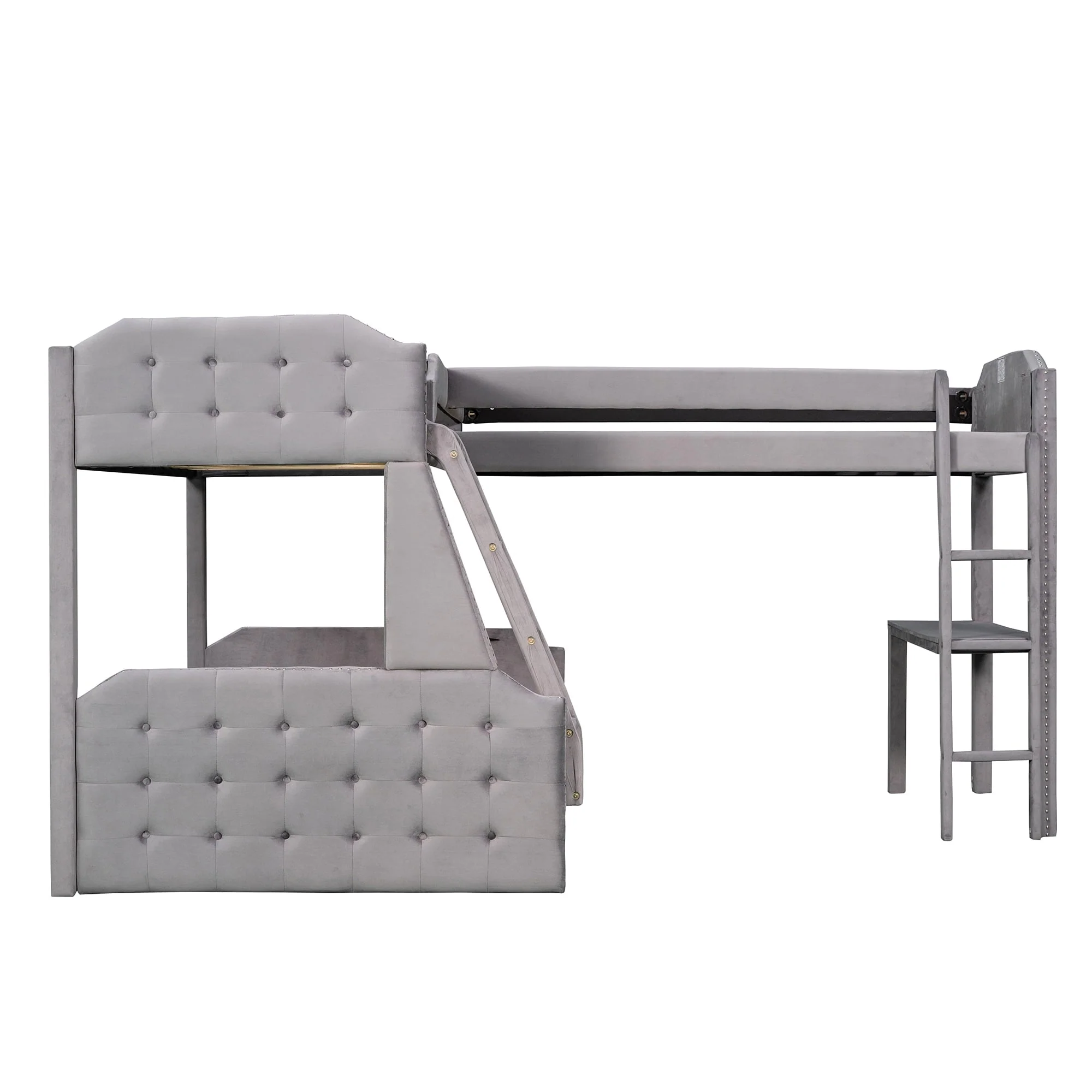 Upholstery L Shaped Twin over Full Bunk Bed and Twin Loft Bed with Desk for Kids Bedroom, Gray Image 6