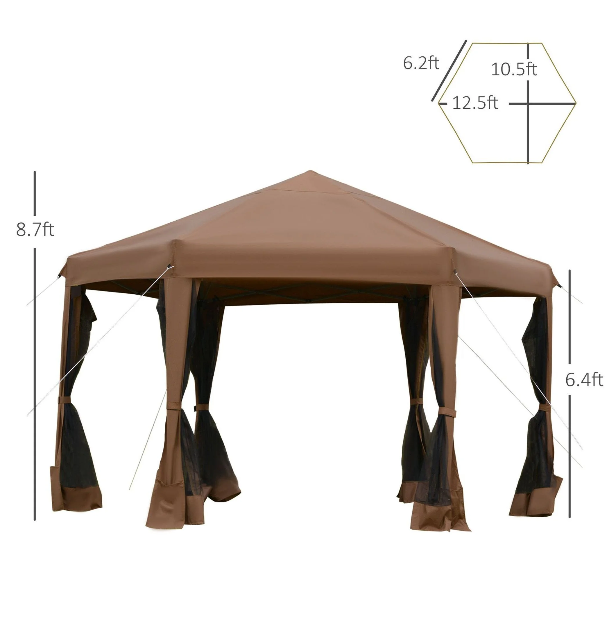 13x13 Pop Up Canopy, Hexagonal Brown Canopy with Mesh Walls Adjustable Outdoor Camping Tent with Steel Frame Stakes - Image 3