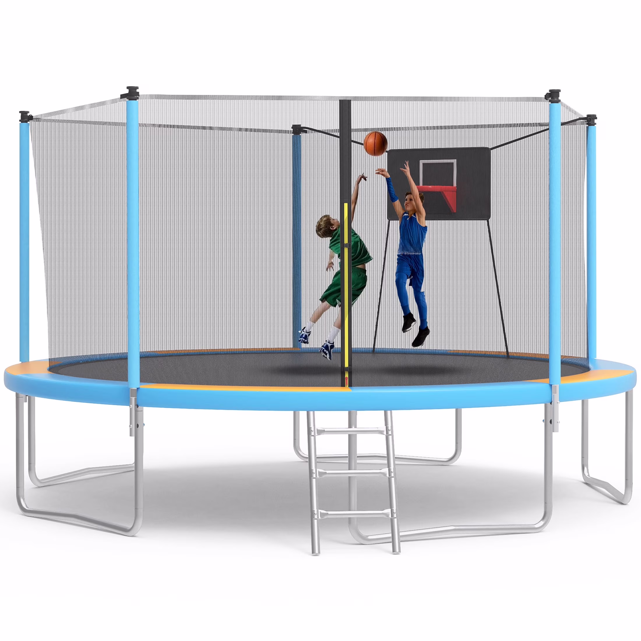 14ft Trampoline for Kids, Outdoor Trampoline with Net, Big Trampoline with Basketball Hoop and Ladder, Heavy Duty Trampoline with No-gap Design, Backyard Trampolines for Adult(Light Blue+Orange)