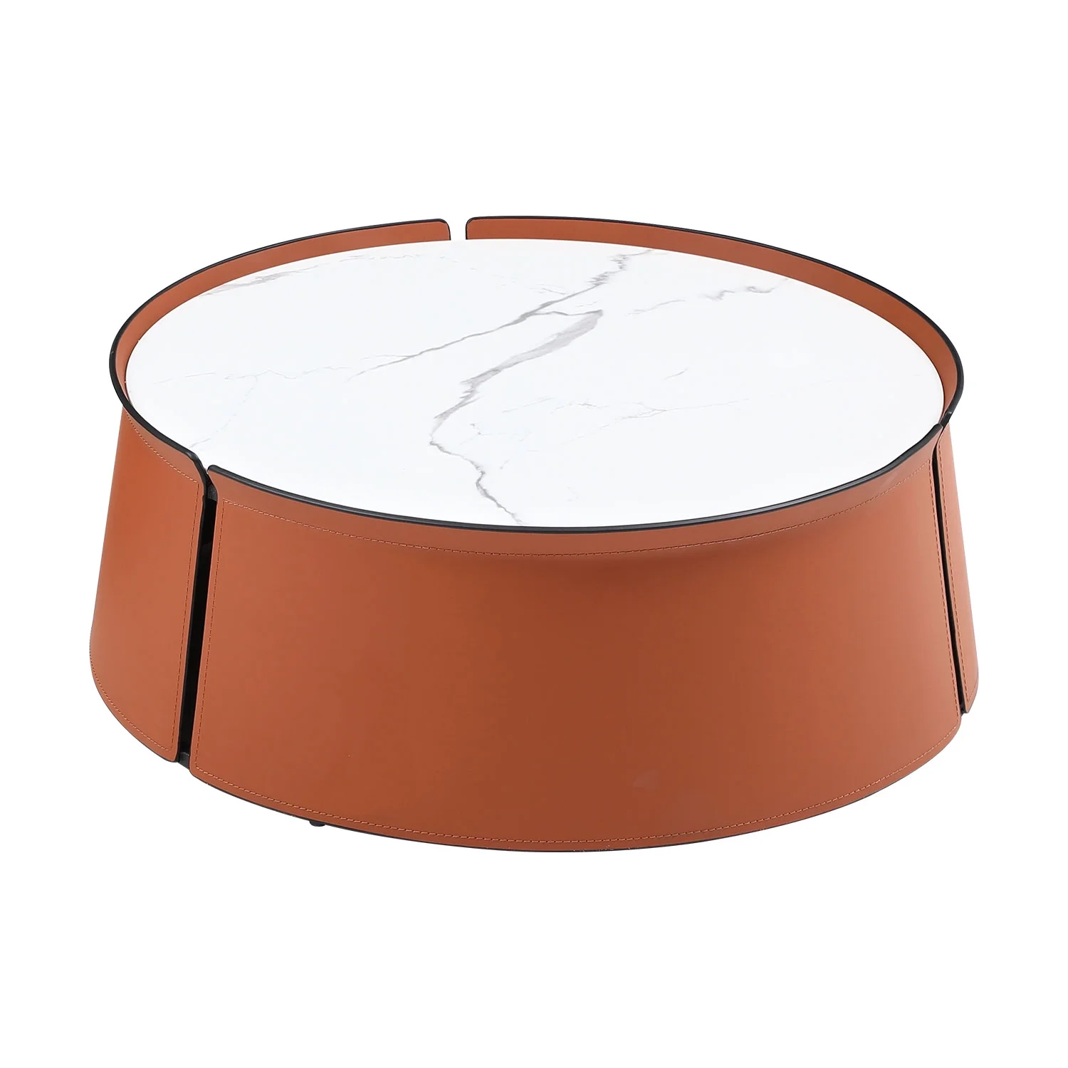 31.5inch Coffee Table, Marble Top+Orange Saddle Leather Body+Iron Frame(Orange) - Image 5
