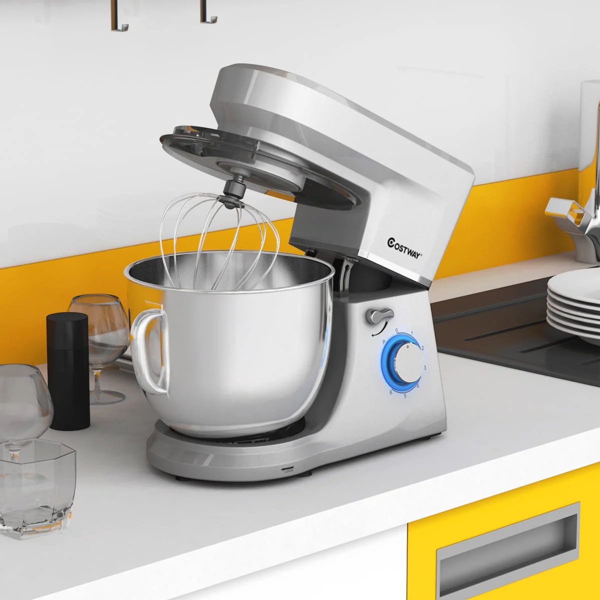 Costway Tilt - Head Stand Mixer 7.5 Qt 6 Speed 660W with Dough Hook, Whisk & Beater Silver