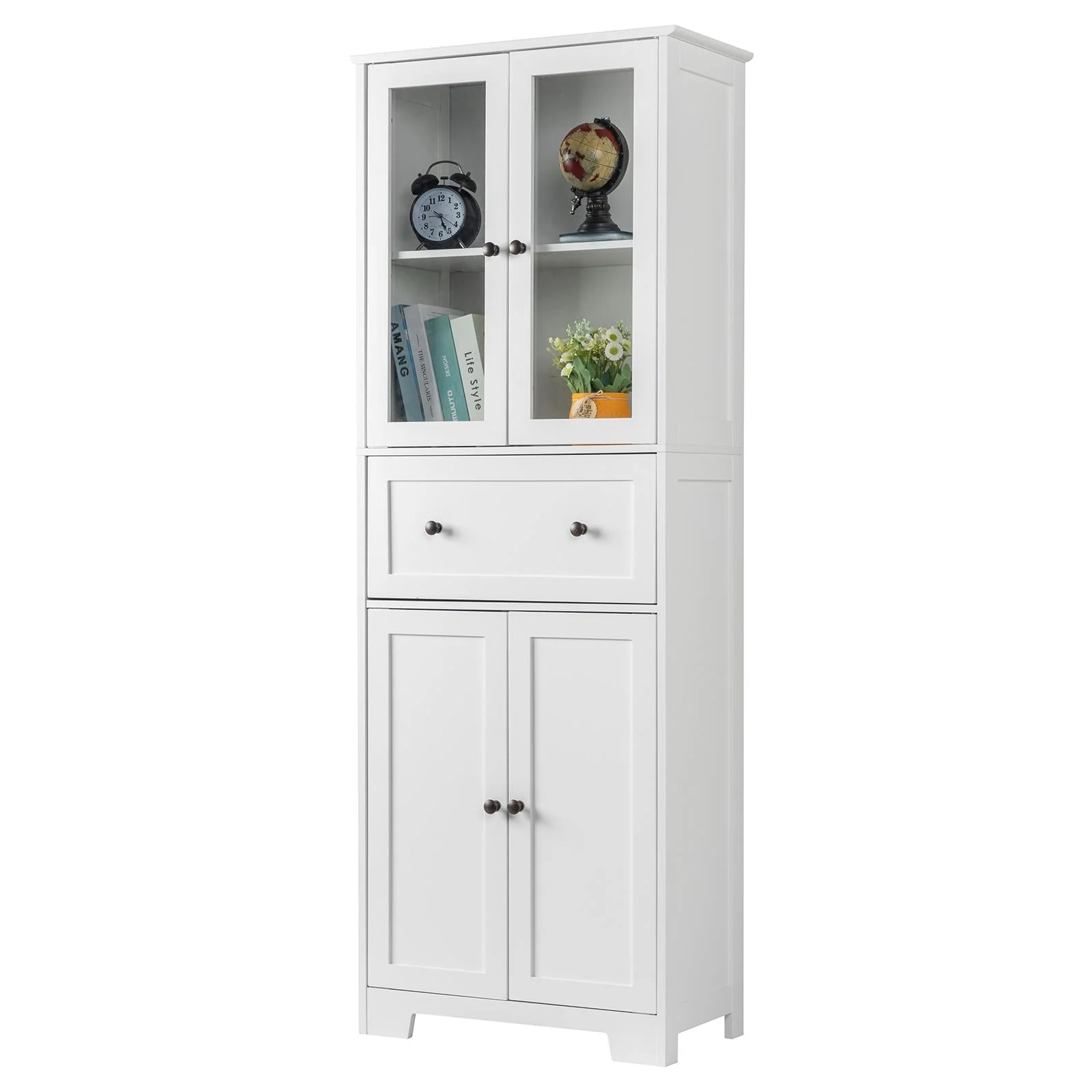 Ktaxon 64" Tall Bathroom Storage Cabinet Organizer, Freestanding Kitchen Pantry Cabinet Line Tower with 2 Glass Doors, Large Drawer 4 Adjustable Shelves for Dining Room Living Room Home Office,White Image 2