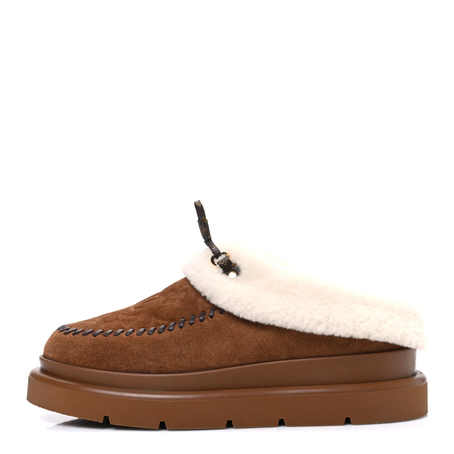 Suede Calfskin Shearling Monogram Debossed Cortina Closed Mule 38 Light Beige