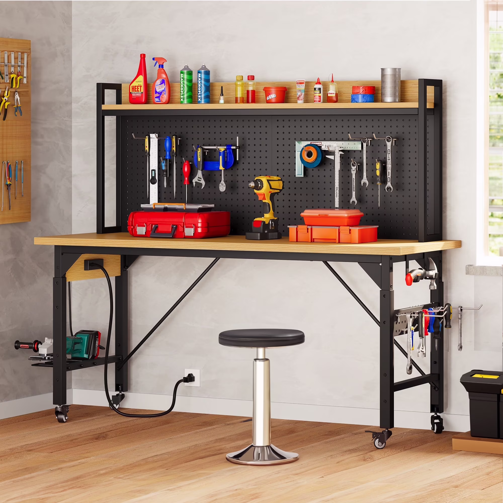 DWVO Tool Cart, Workbench Adjustable Height Work Bench For Garage Oak Plank & Carbon Steel Heavy Duty Workbench 2000lbs Weight Capacity Bench top Size 59.1 x 23.6 with Pegboard Power Outlets
