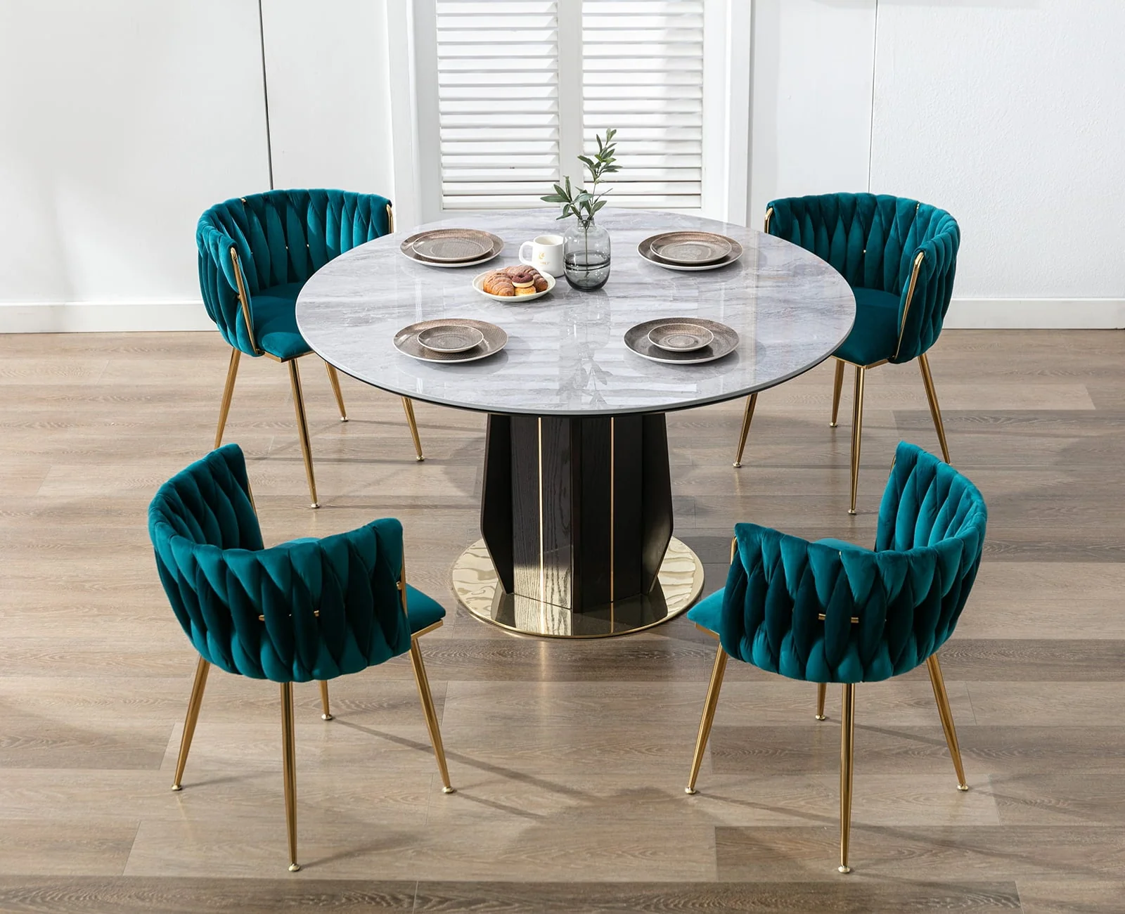 Velvet Dining Chair Set of 2, Modern Upholstered Accent Side Chair with Woven Back and Metal Legs, Vanity Chair Kitchen Chair for Living Room Dining Room Bedroom, Teal Green(Black) - Image 3