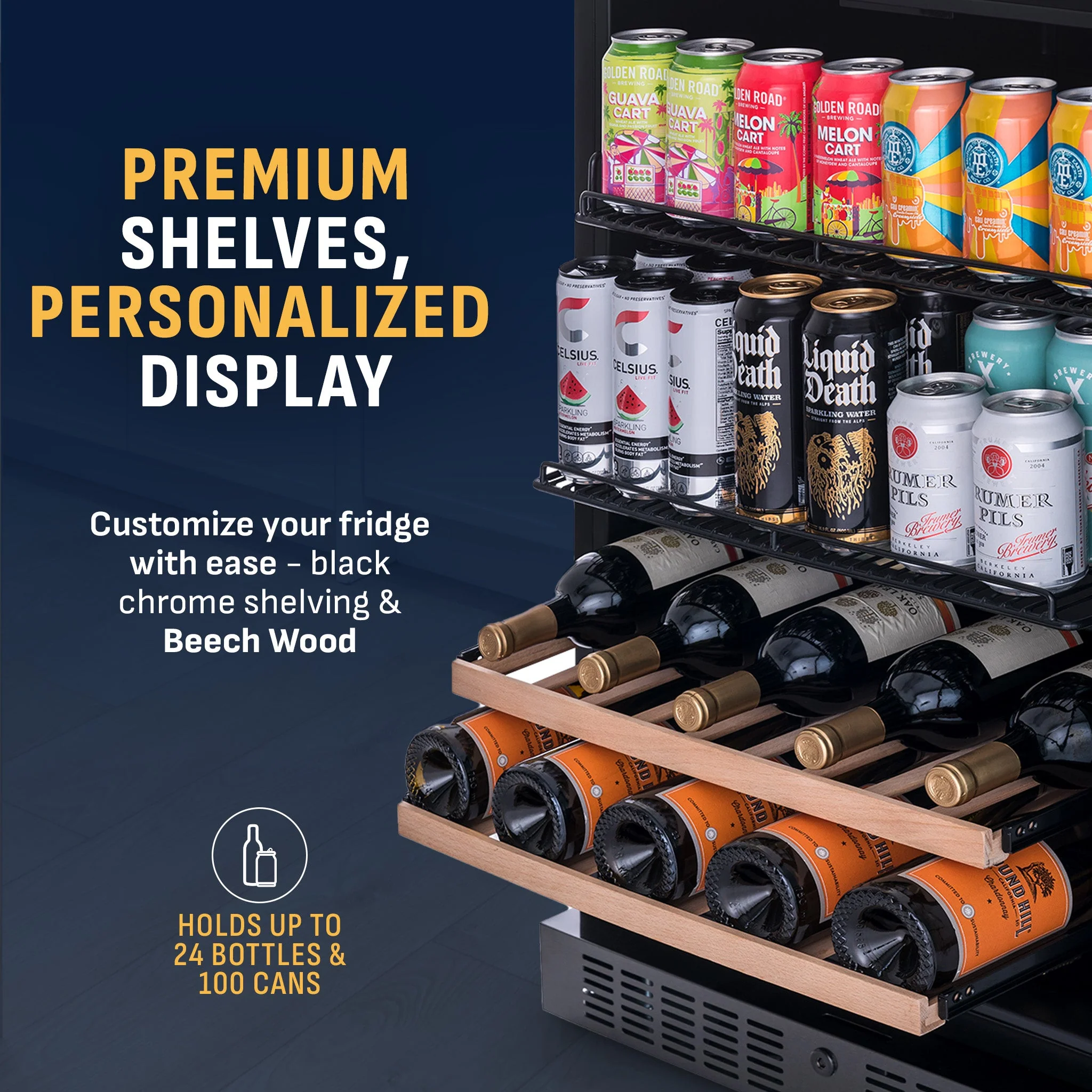 Newair 100-Can, 24-Bottle Built-in Dual Zone Black Beverage Fridge - 24