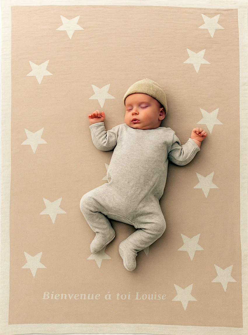 Plaid bébé étoiles 100% laine beige pastel