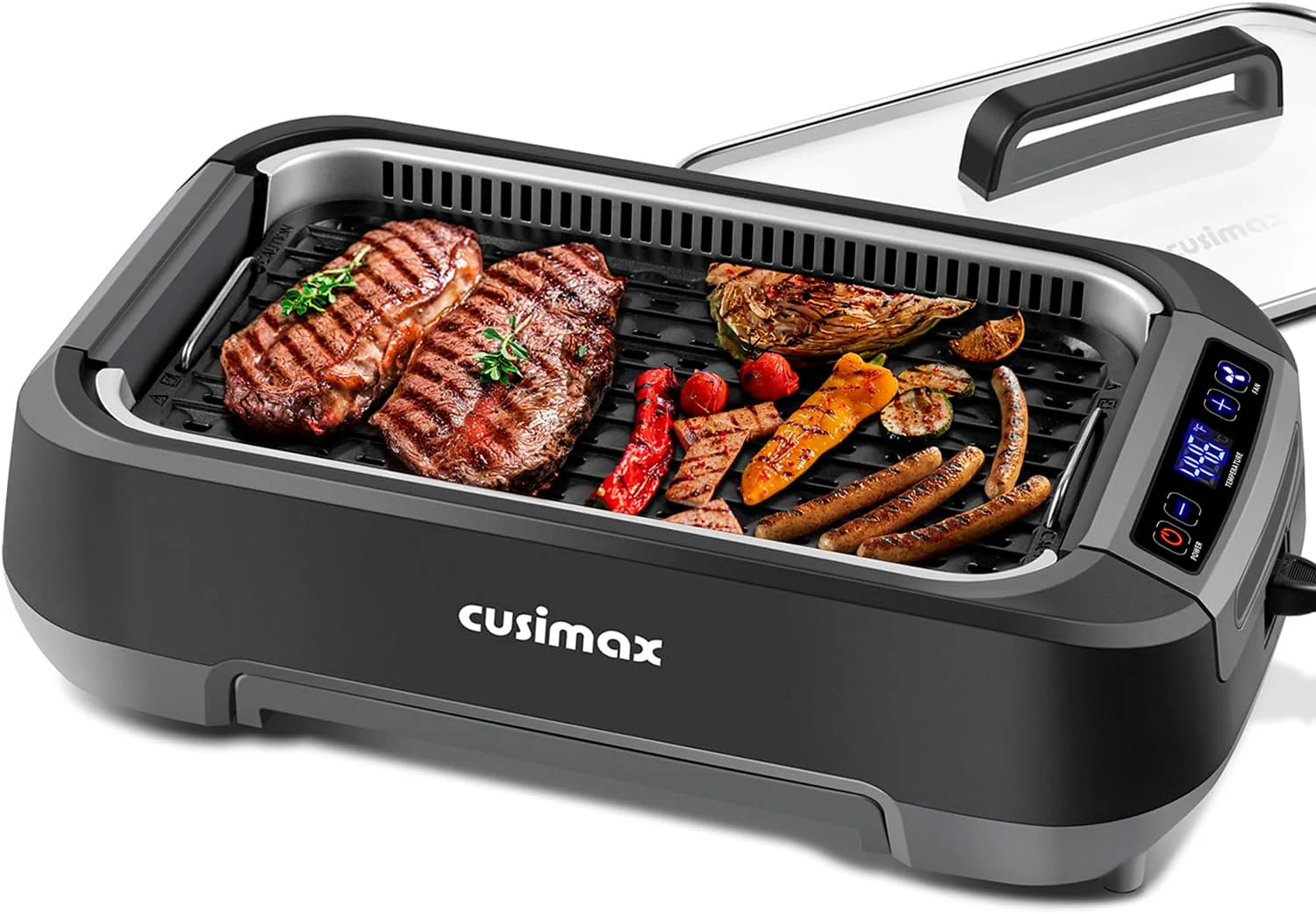 Gril d'intérieur sans fumée CUSIMAX avec plaque de cuisson/gril amovible antiadhésive, 1500 W, style barbecue coréen, avec écran LED intelligent et couvercle en verre trempé, facile à nettoyer, noir.