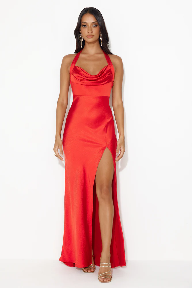 HELLO MOLLY Girl In The Spotlight Halter Neck Satin Maxi Dress Red