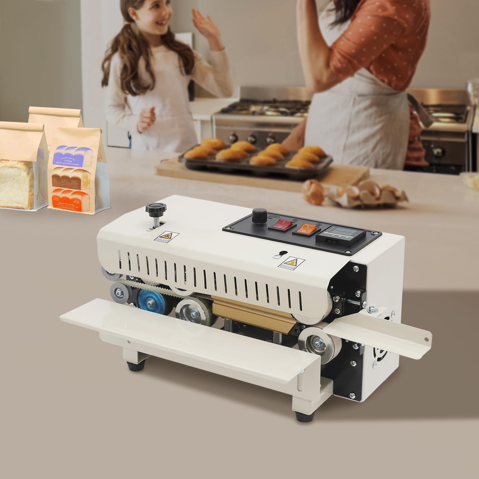 Automatic Continuous Band Sealer, 600W Horizontal Bag Sealing Machine with Digital Temperature Control & LED Display for 0.06-0.2mm Plastic Bags Continuous Band Sealer w/Printing Function