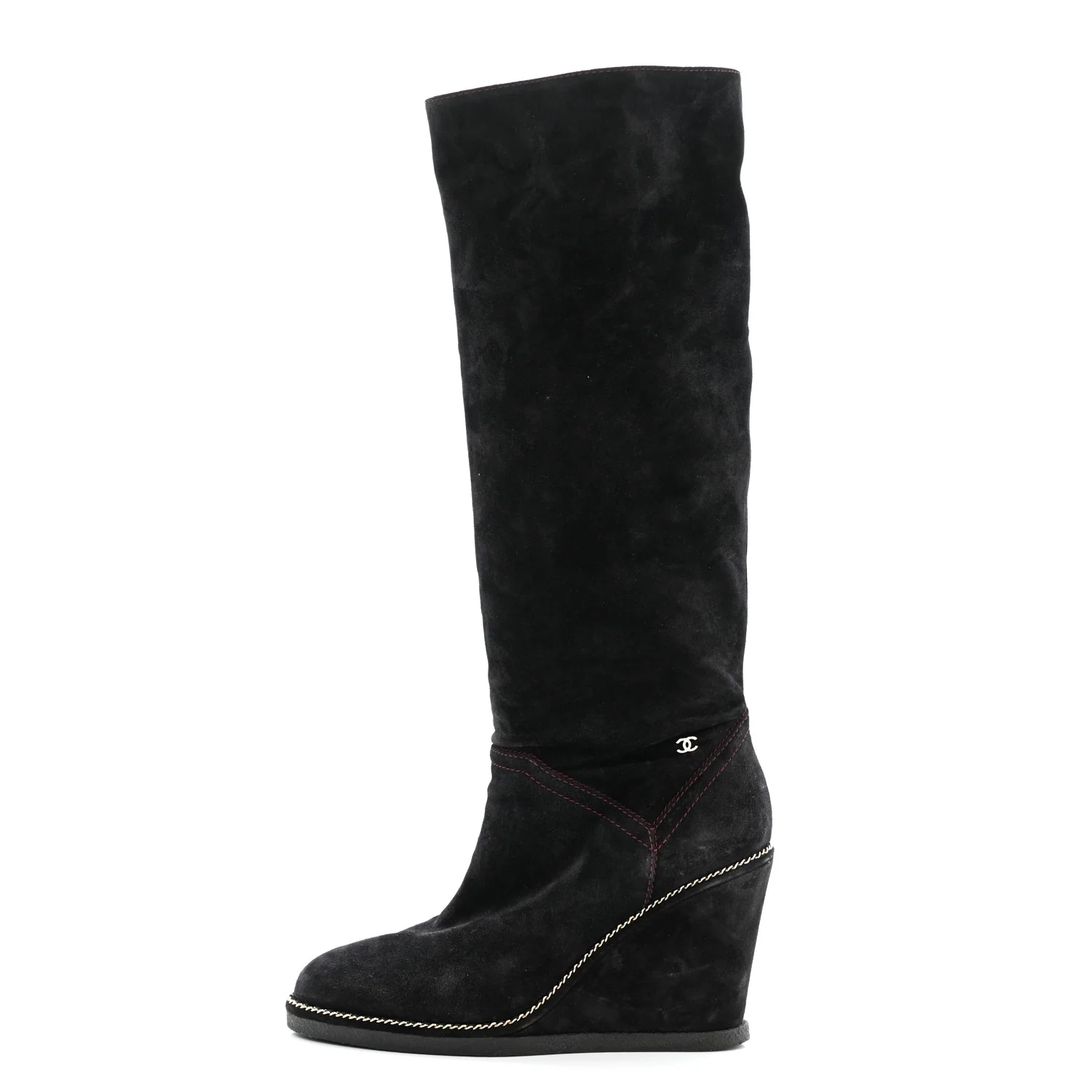 Suede Calfskin Chain Around High Boots 41 Black