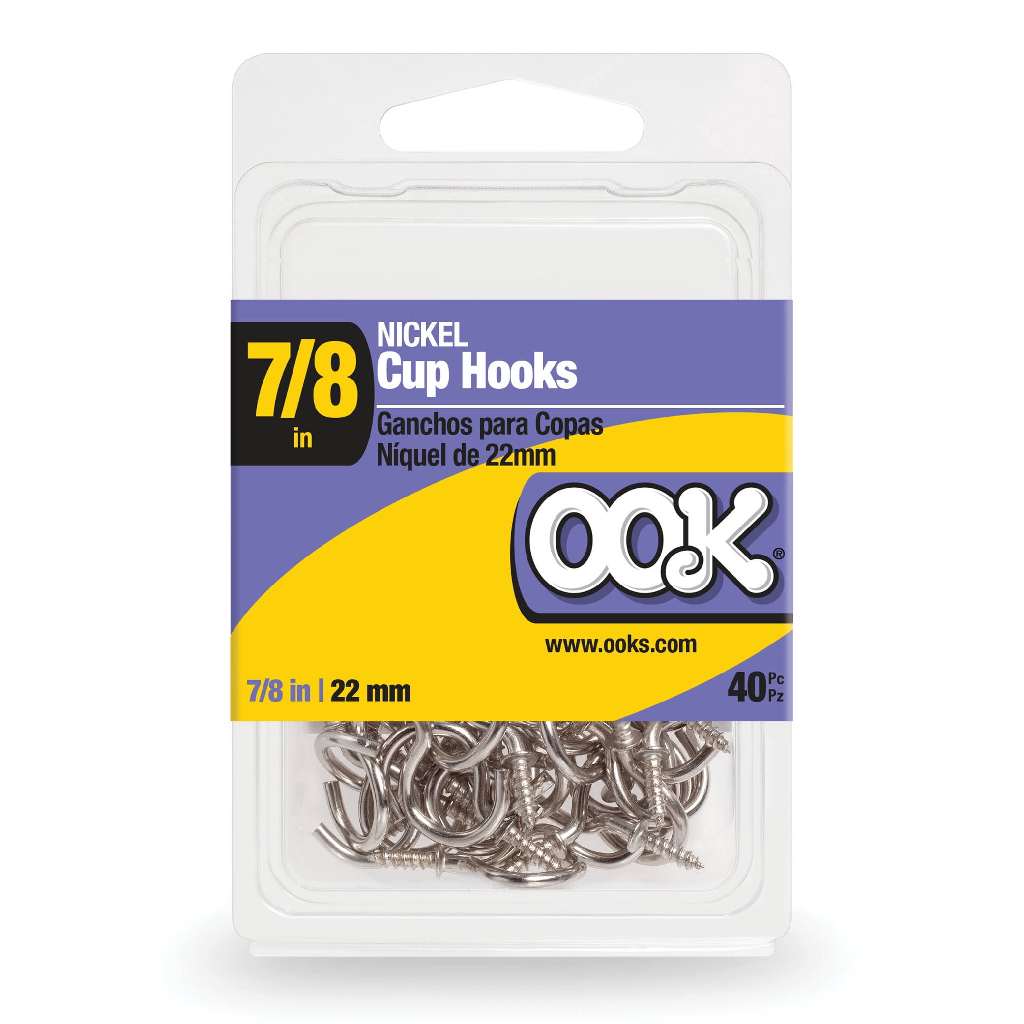 Ook Nickel Cup Hooks, 7/8 inch, Screw-In Cup Hooks, 40 Pieces