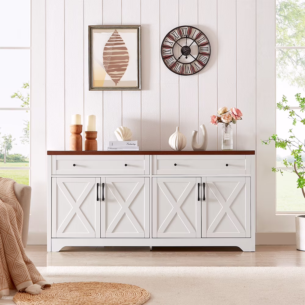 61"H Large Buffet Sideboard Cabinet, TV Cabinet, Kitchen Pantry for Dining Room, Living Room, 61.3''L x 15''W x 29.8''H, White/Walnut(Walnut-TV Cabinet)