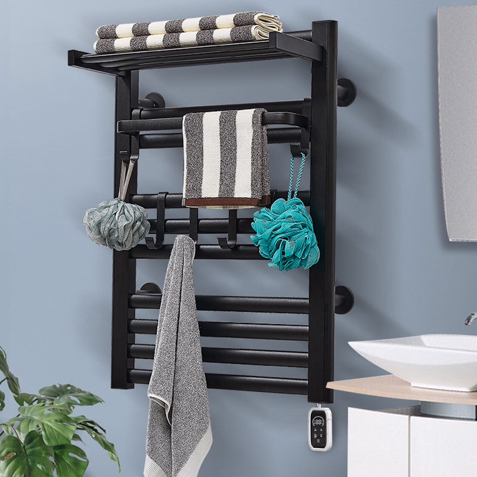 Heated Towel Rack Aluminum Heater Bathroom Warmer Shelf, Remote Control, 10 Rails+ 6 Hooks