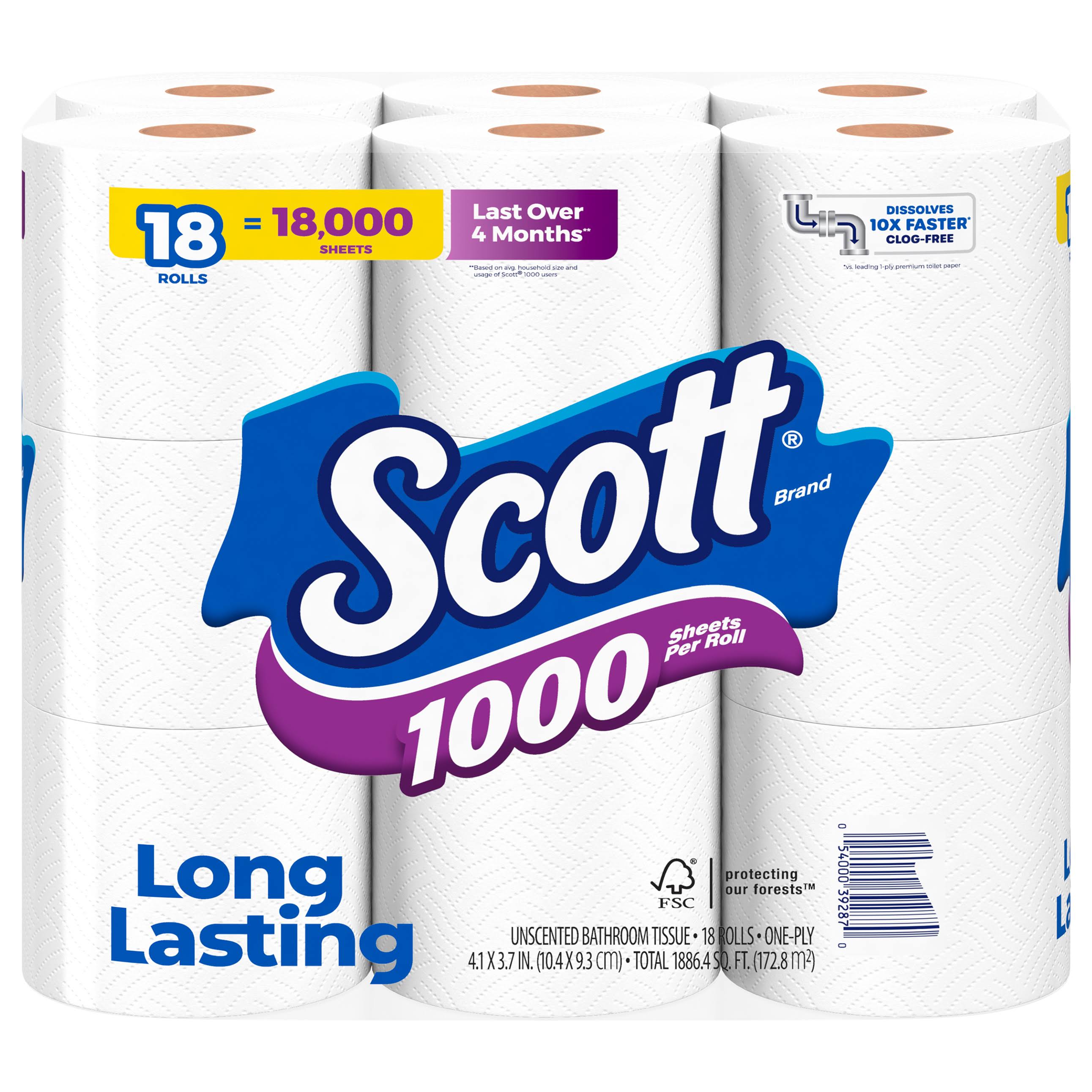 Scott Bathroom Tissue, Unscented, One-Ply - 18 rolls