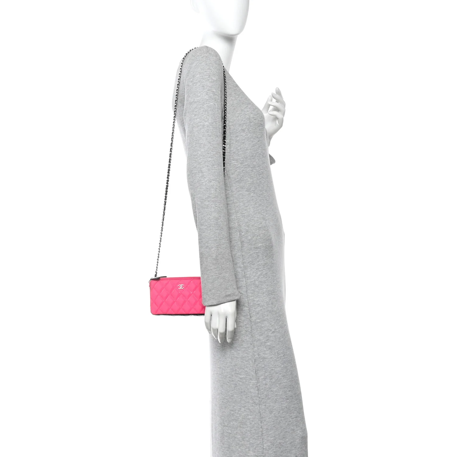 Patent Quilted Small Clutch With Chain Pink Black
