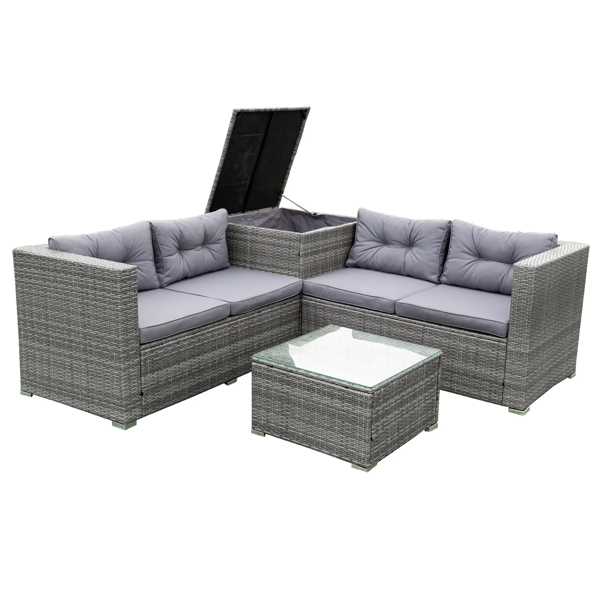 Patio Chat Set with Storage Box, 4 Piece Patio Wicker Furniture Set with Coffee Table, 2 Sofas, PE Rattan Outdoor Conversation Sectional Sofa Set with Gray Cushions for Backyard, Porch, Garden, L3579
