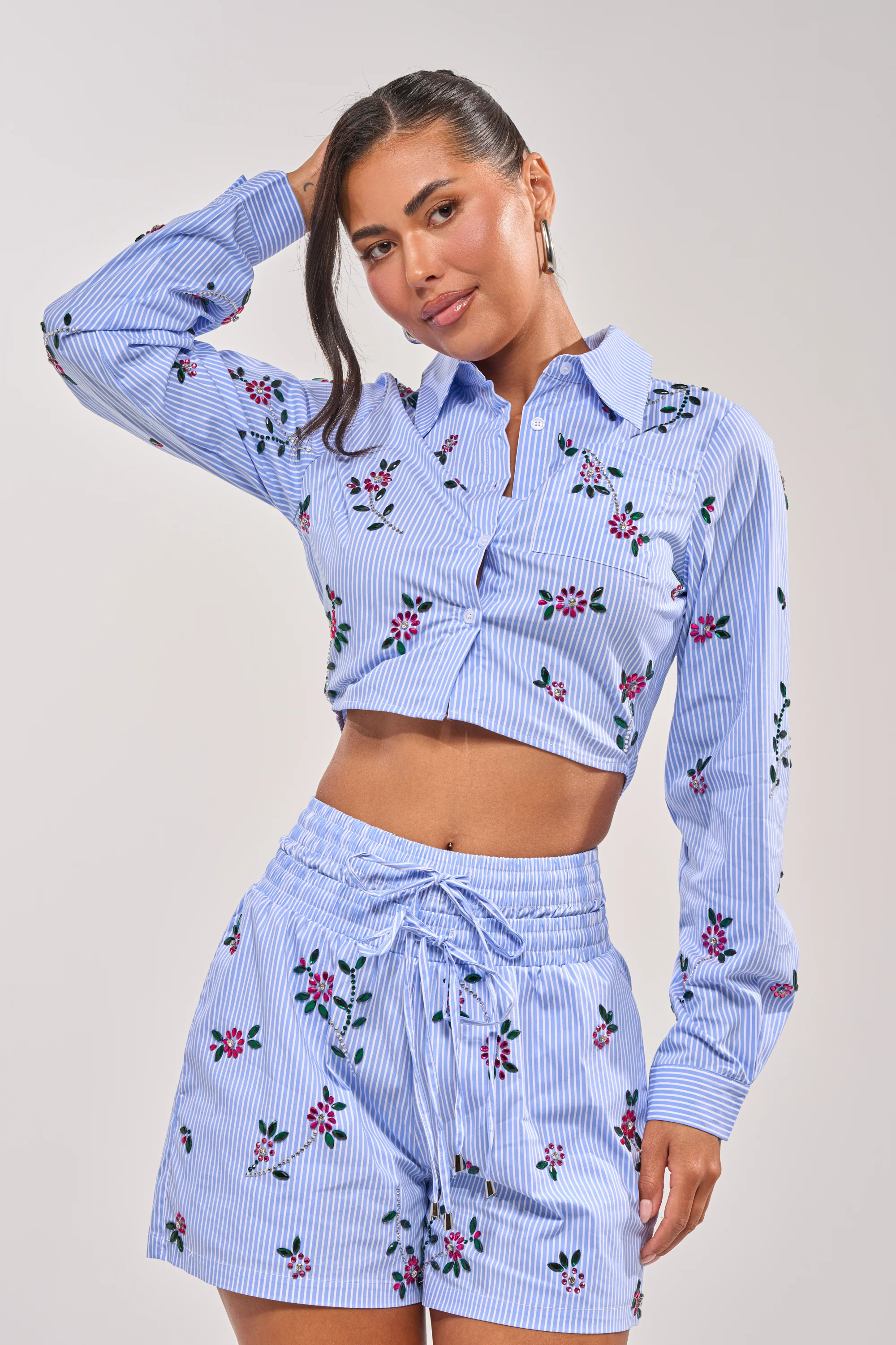 JUNIE POPLIN RHINESTONE DETAIL BLOUSE - Akira Store