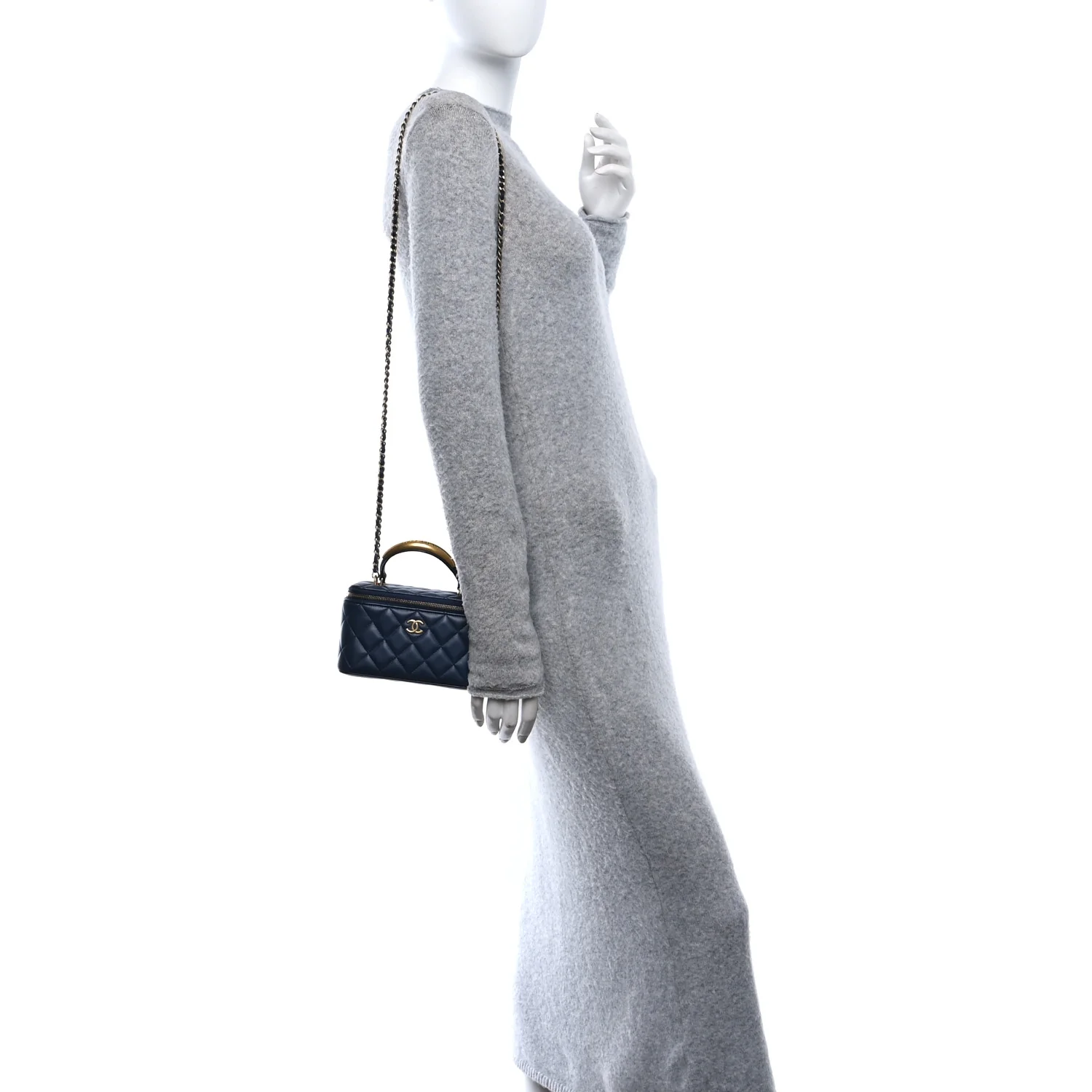 Lambskin Quilted Metal Small Top Handle Vanity Case With Chain Blue
