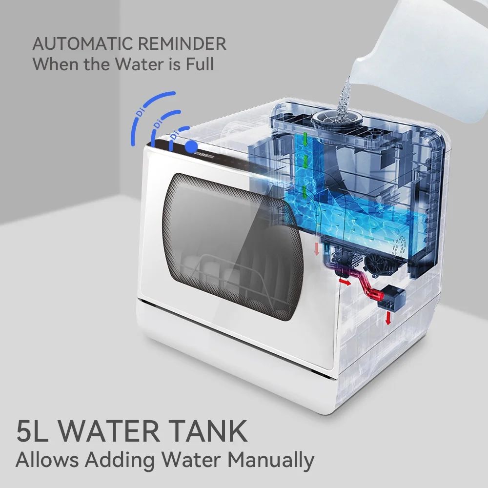 Portable Countertop Dishwasher, 5 Washing Programs, 5L Built-in Water Tank and Air-Dry Function, HMX-DW03(Glass Door) - Image 10