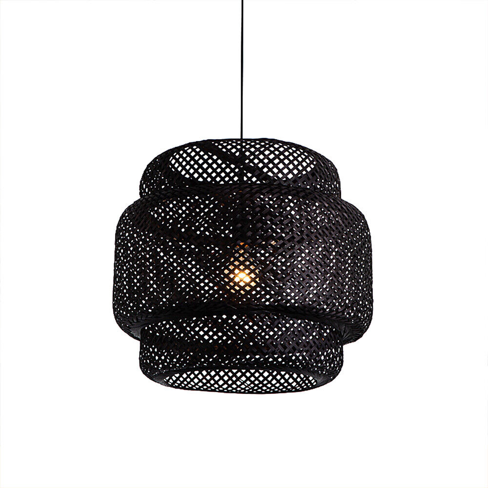 Arturesthome Vintage Chandelie Bamboo Woven Pendant Light Hanging Ceiling Lamp Decor Black